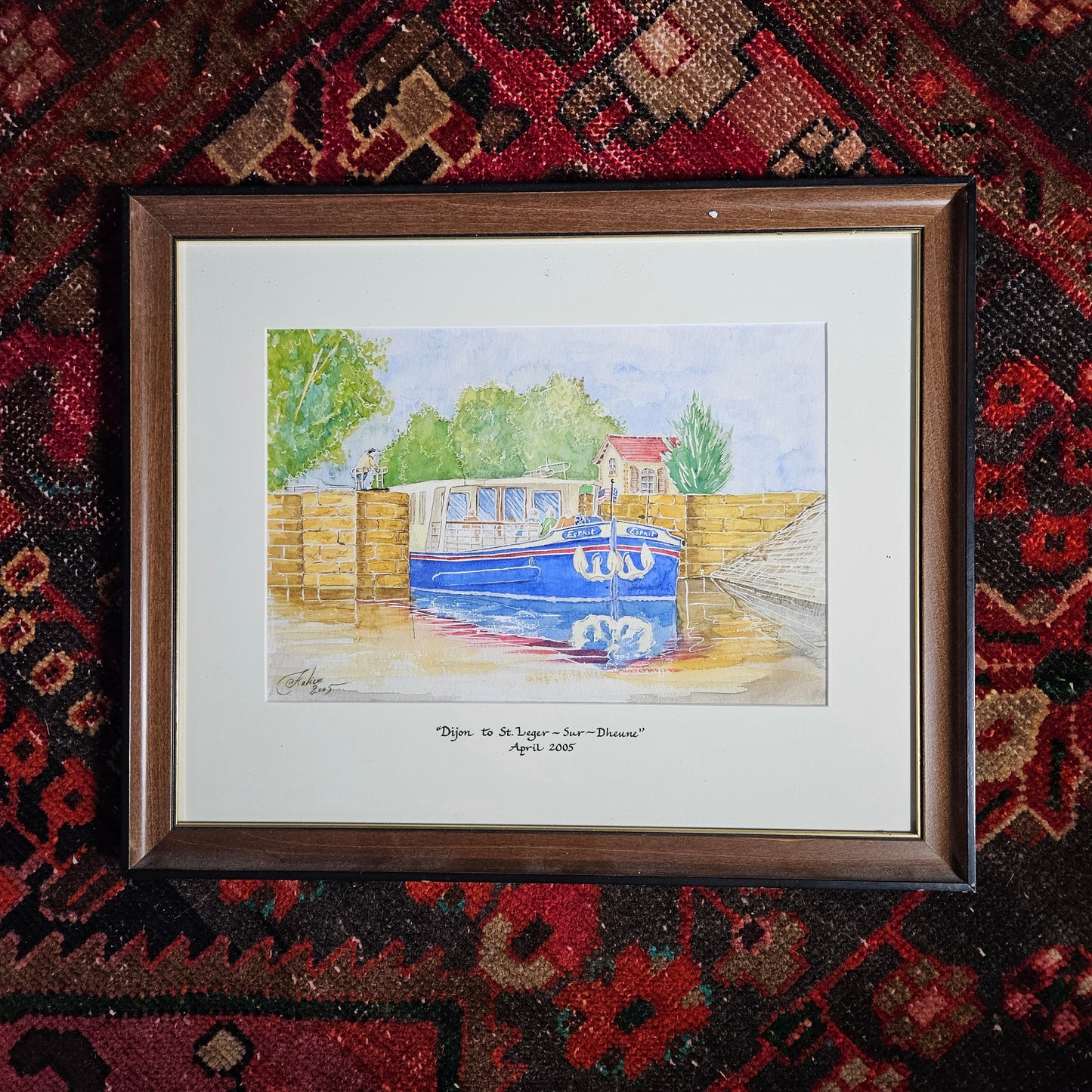 Signed French Canal Boat Watercolor