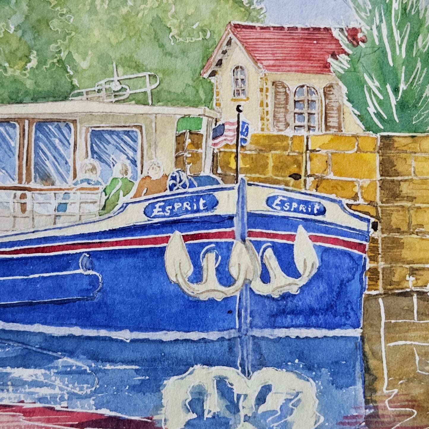 Signed French Canal Boat Watercolor
