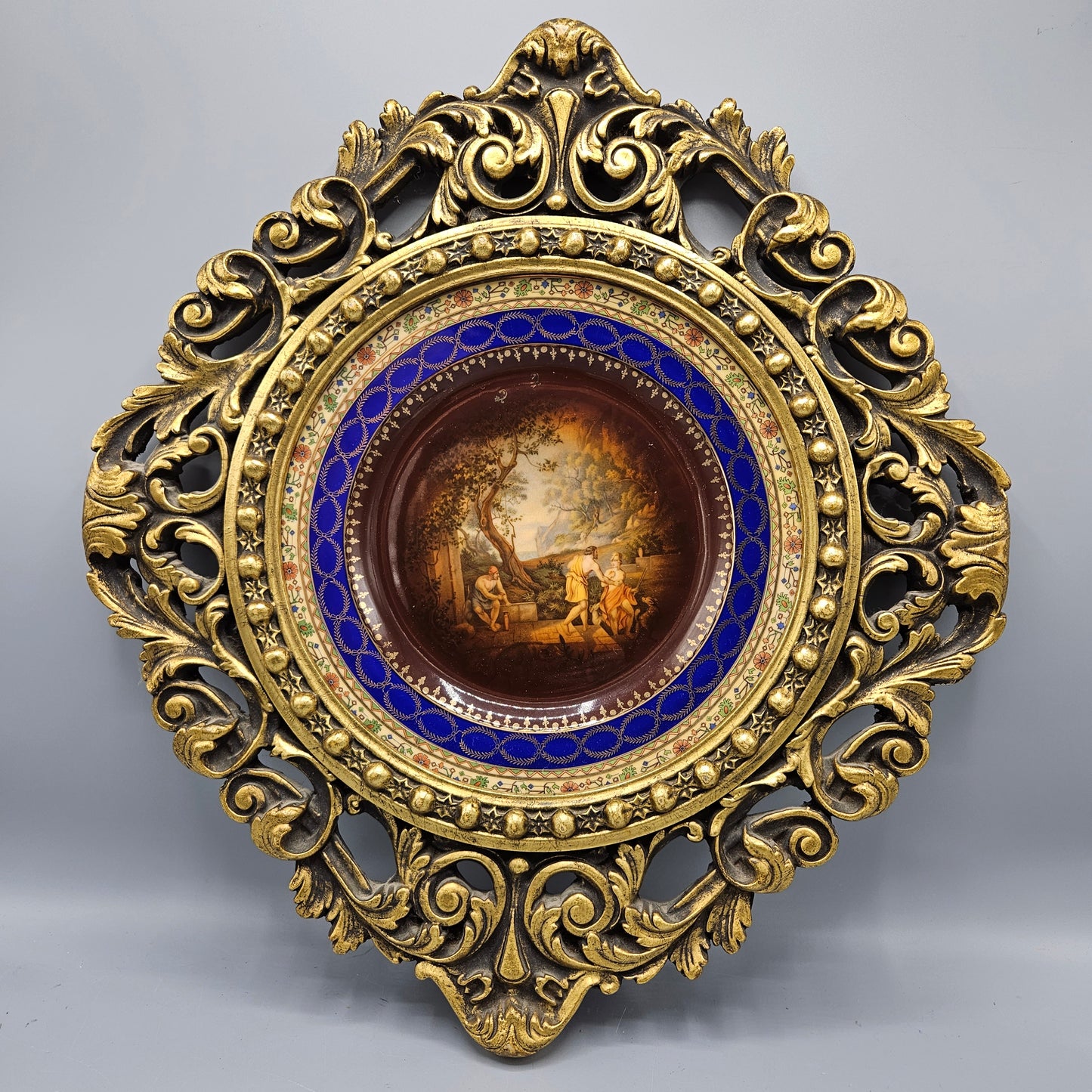 European Porcelain Plate in Elaborate Gilt Frame