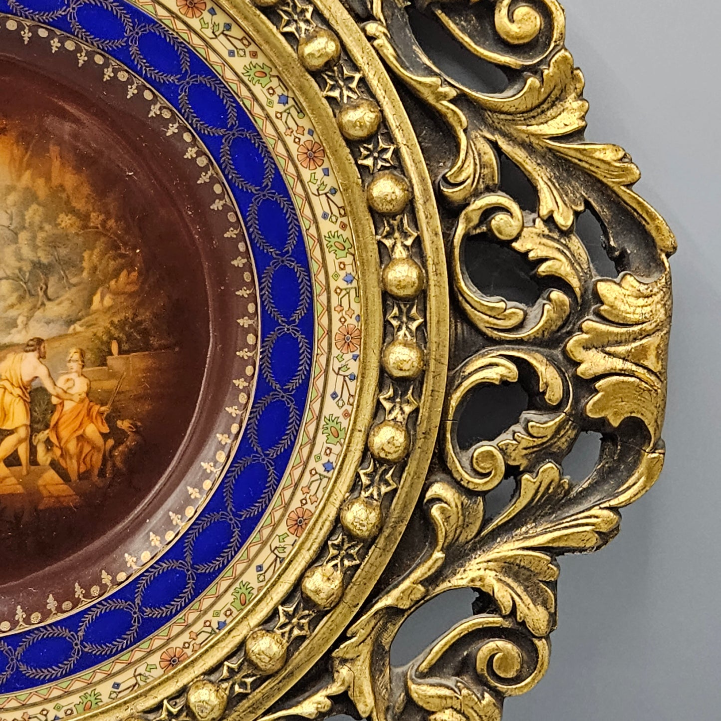 European Porcelain Plate in Elaborate Gilt Frame