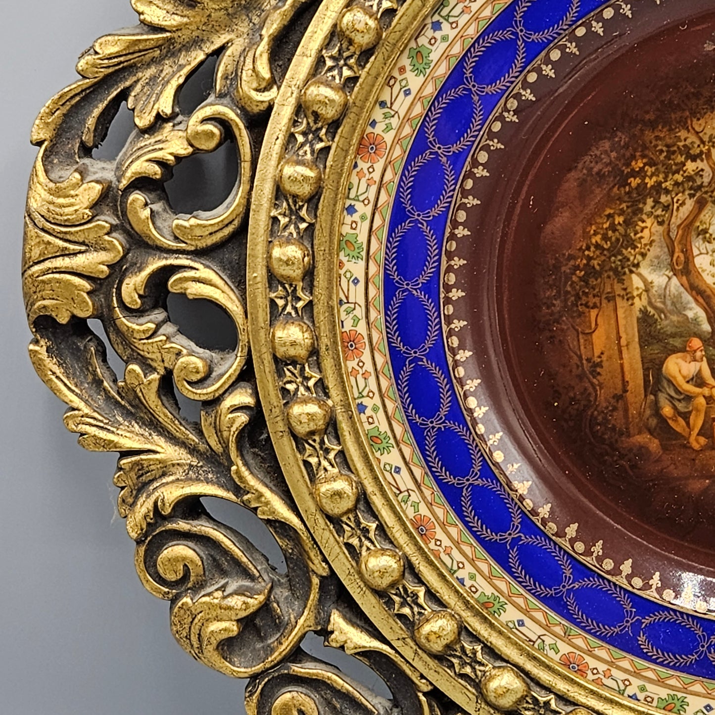 European Porcelain Plate in Elaborate Gilt Frame
