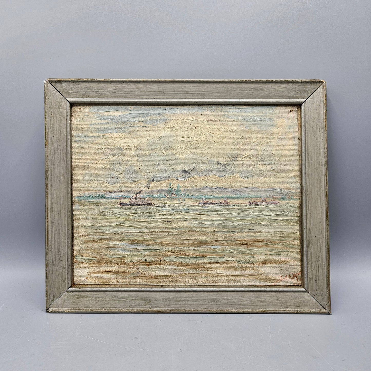 John Henry Ramm (1879-1948) Oil on Board Tugboats in Fog San Francisco Bay