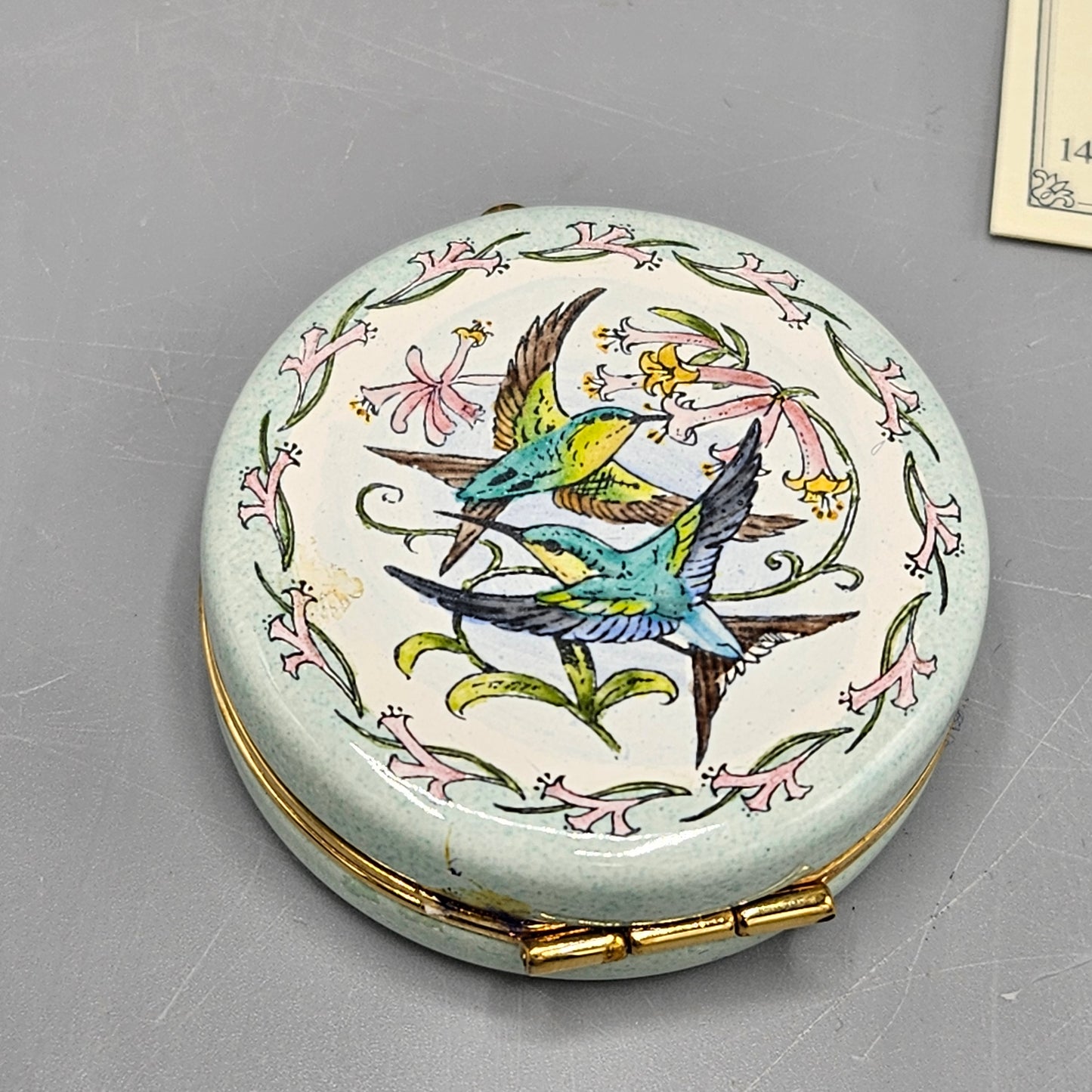 Halcyon Days England Enamel Travel Clock - Fork-Tailed Emerald Hummingbirds