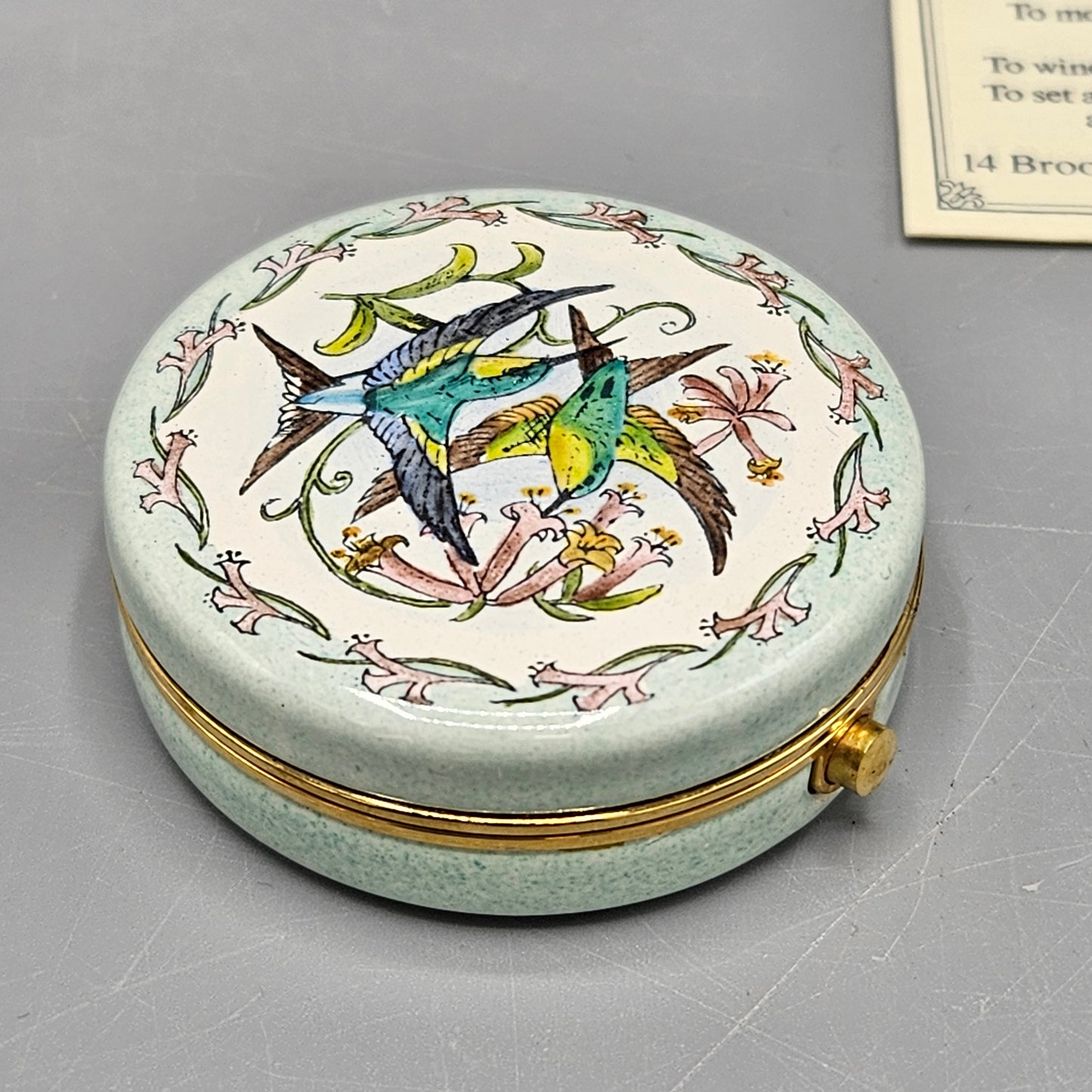 Halcyon Days England Enamel Travel Clock - Fork-Tailed Emerald Hummingbirds