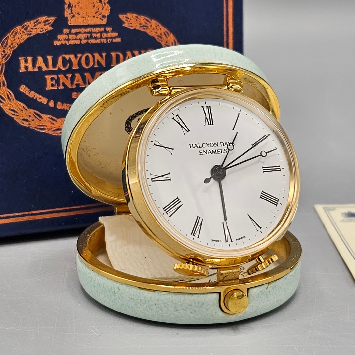 Halcyon Days England Enamel Travel Clock - Fork-Tailed Emerald Hummingbirds