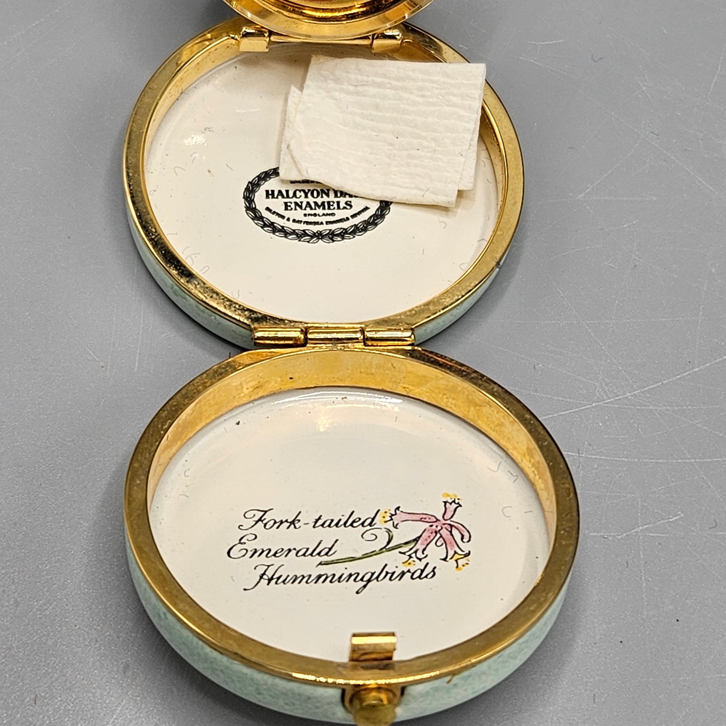 Halcyon Days England Enamel Travel Clock - Fork-Tailed Emerald Hummingbirds