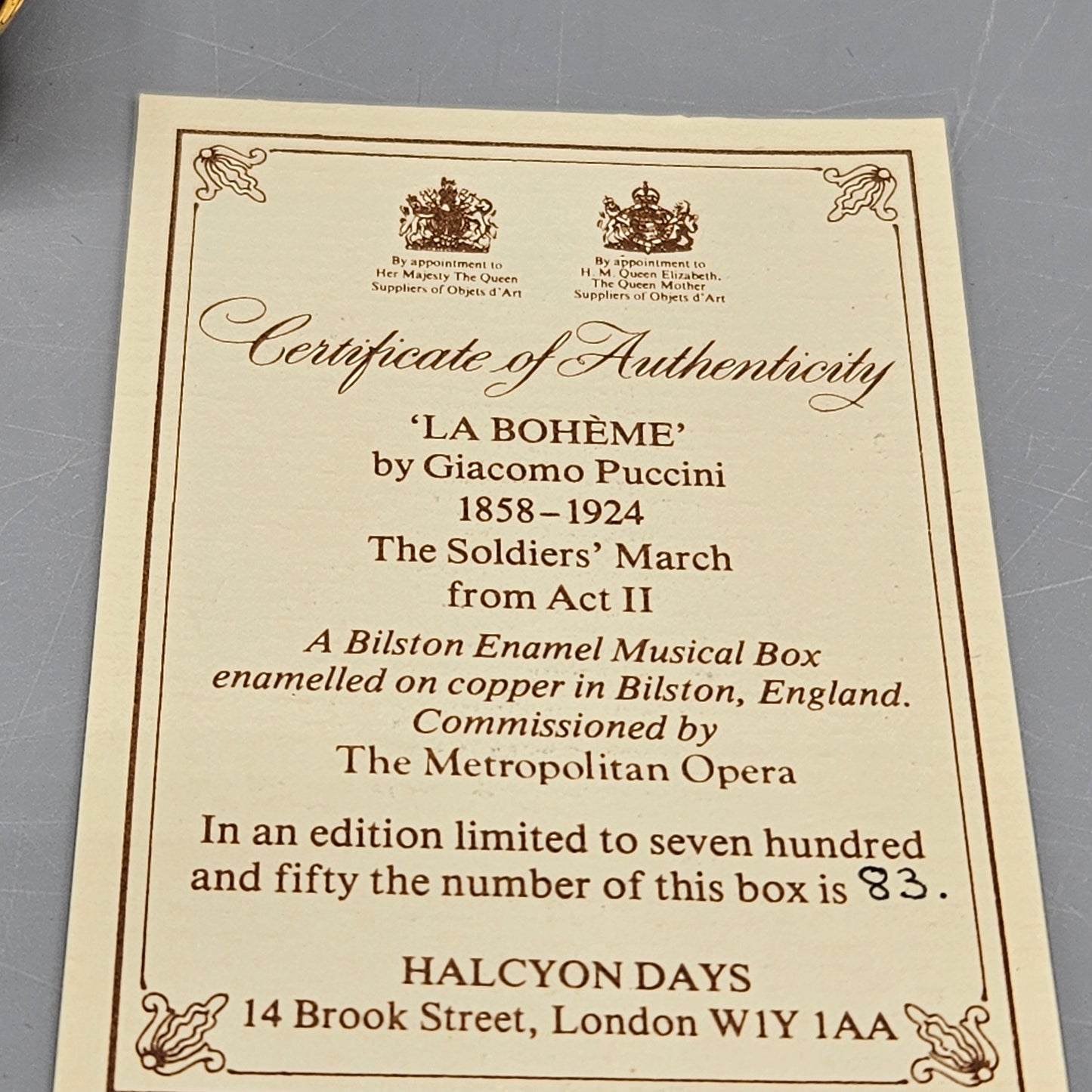 Halcyon Days England Enamel Metropolitan Opera La Boheme Music Box