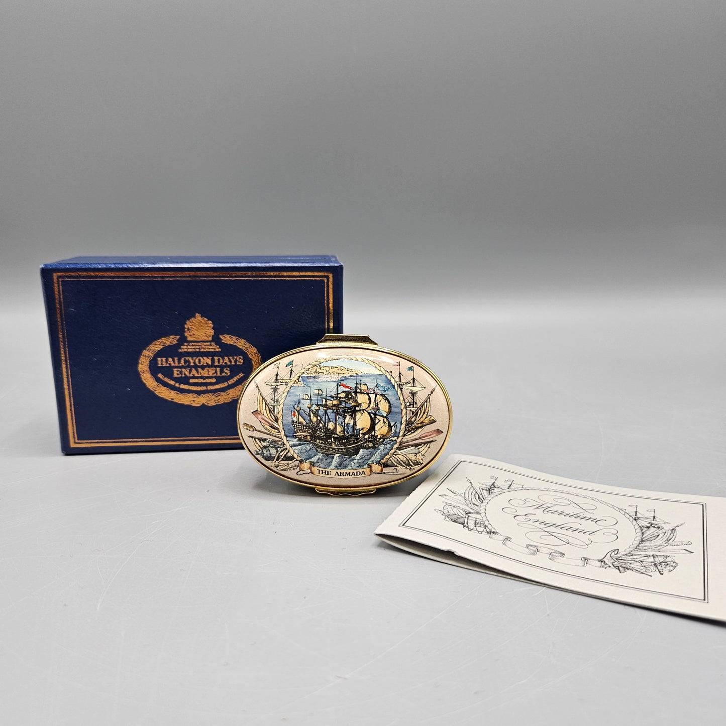1982 Halcyon Days England Enamel Maritime England Box "The Armada"