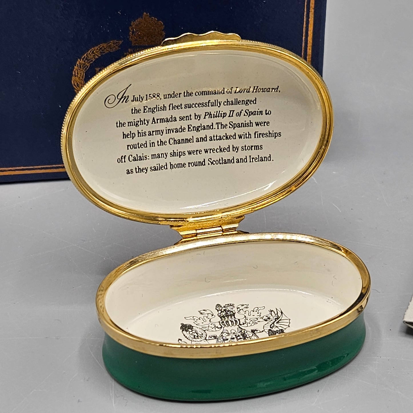 1982 Halcyon Days England Enamel Maritime England Box "The Armada"