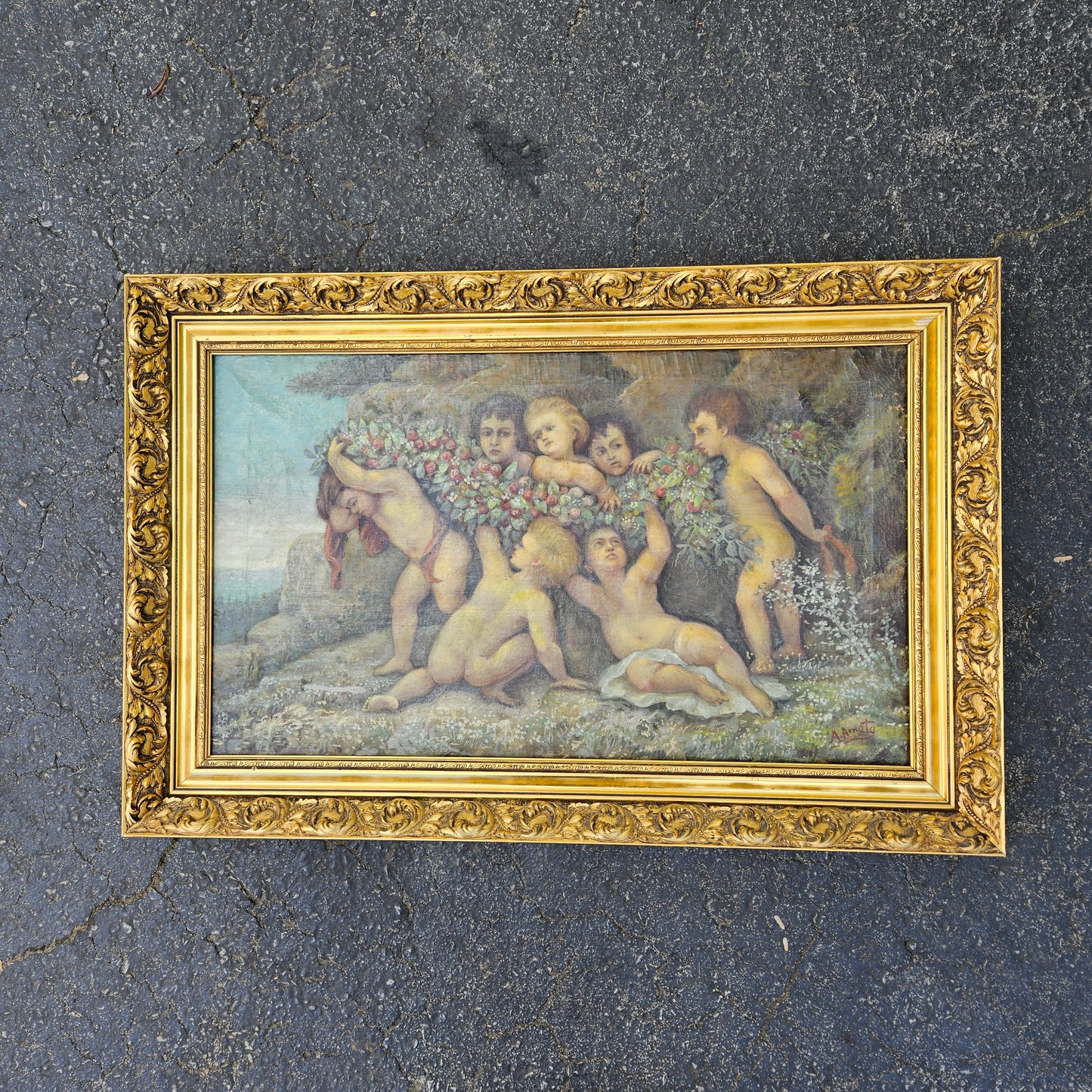 Continental Oil on Canvas - Children with Floral Garland