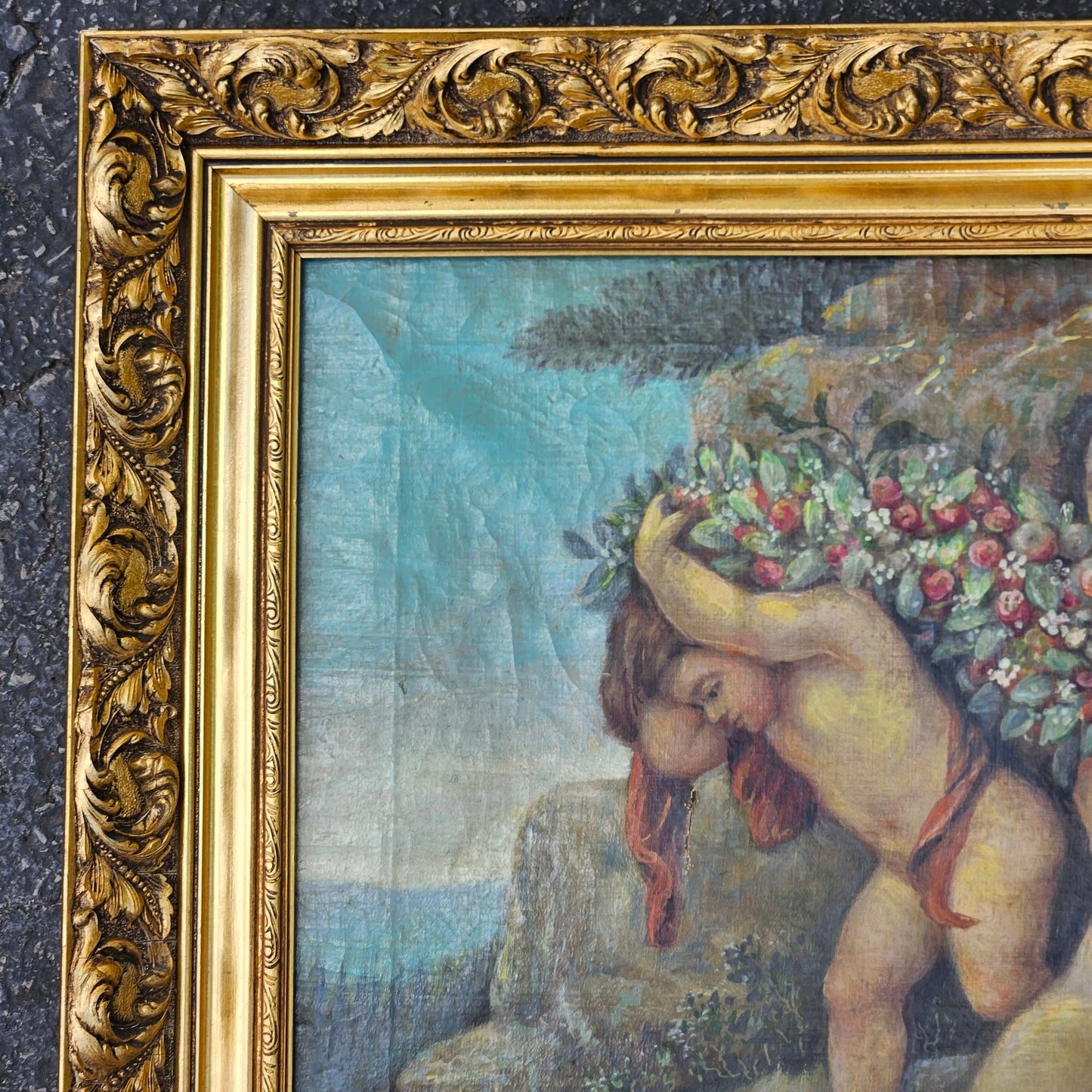 Continental Oil on Canvas - Children with Floral Garland