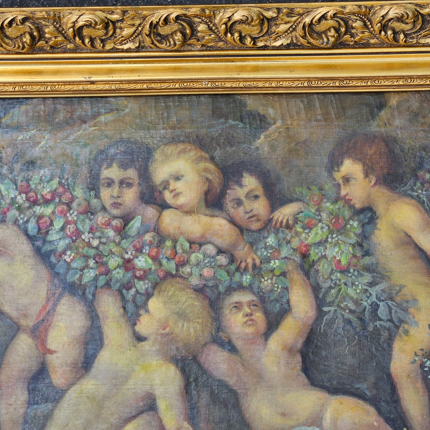 Continental Oil on Canvas - Children with Floral Garland