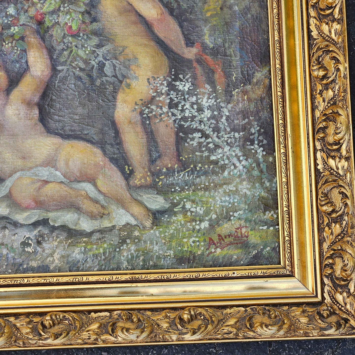 Continental Oil on Canvas - Children with Floral Garland