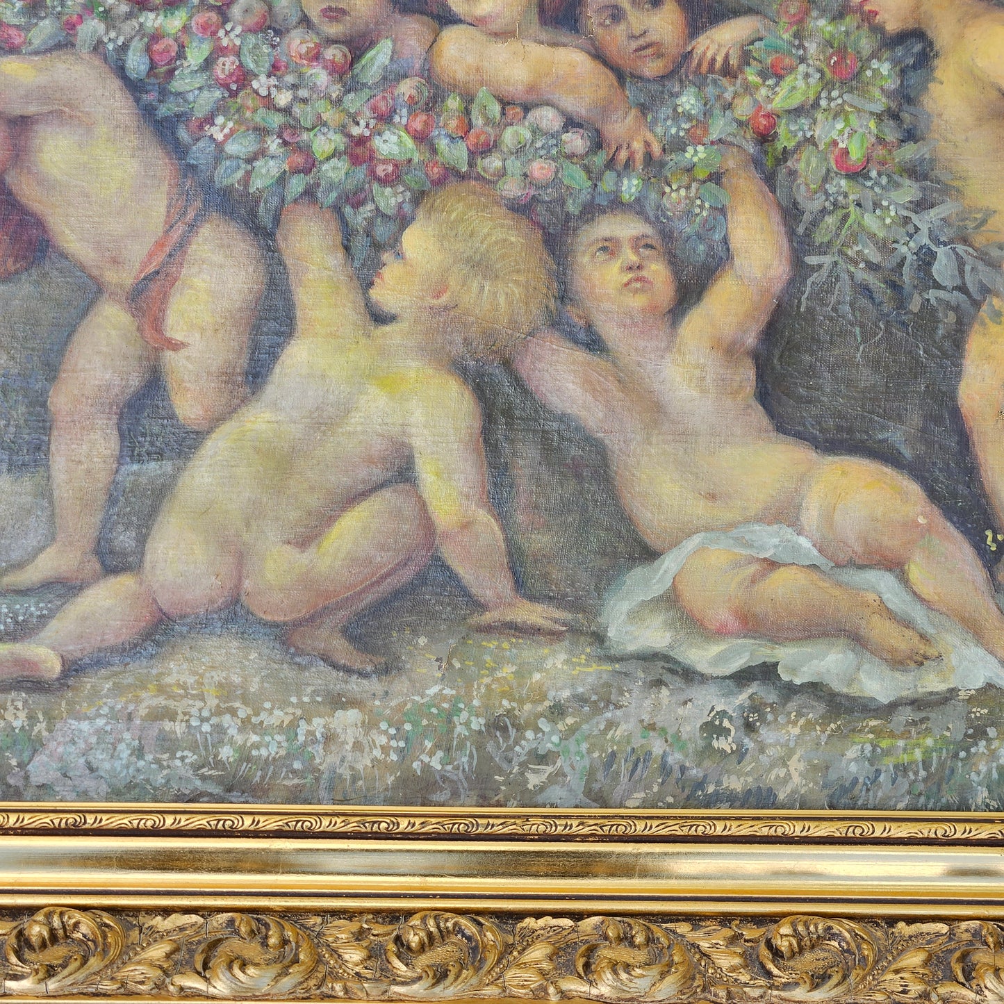 Continental Oil on Canvas - Children with Floral Garland