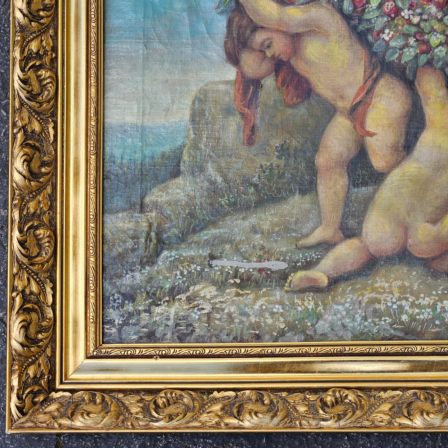 Continental Oil on Canvas - Children with Floral Garland