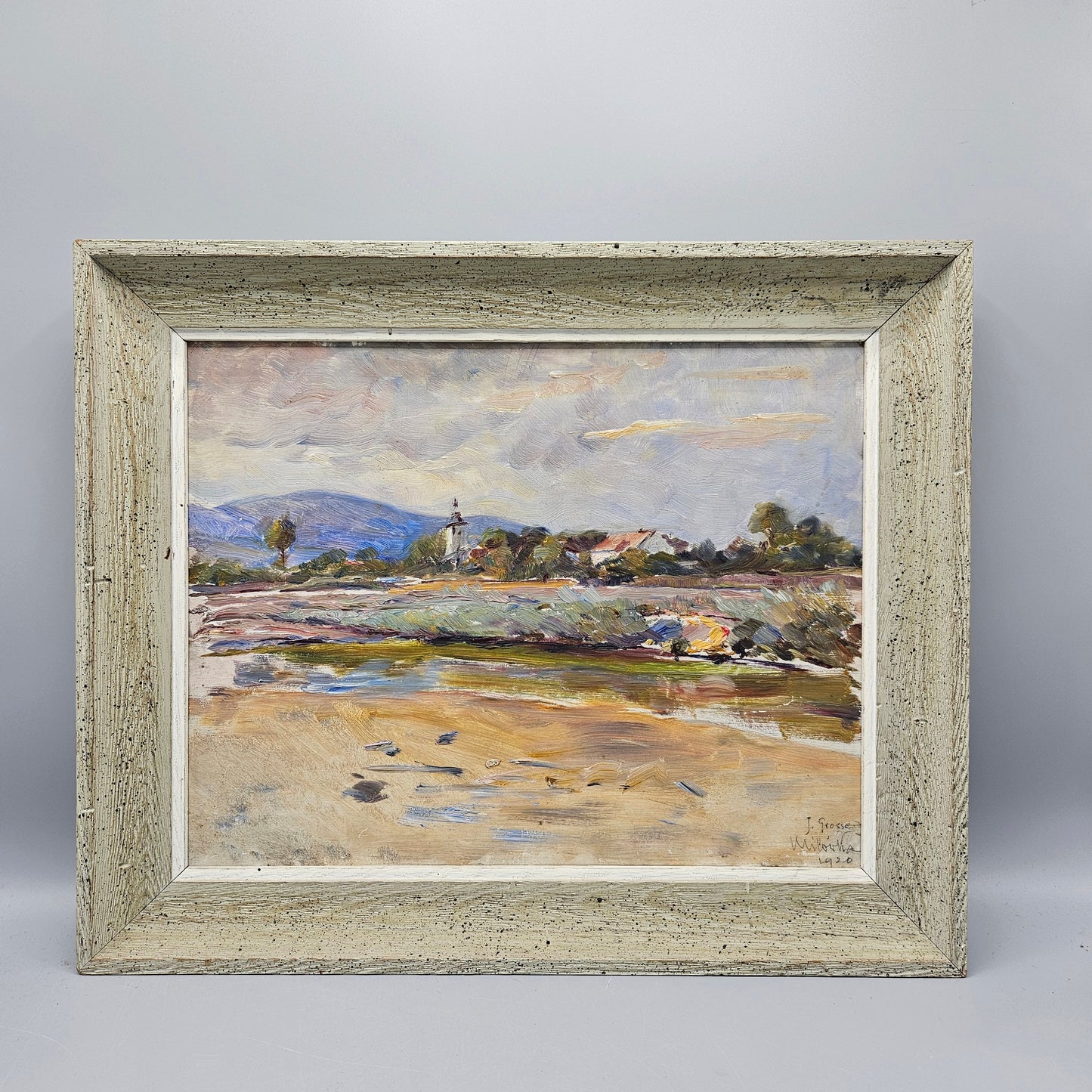 Oil on Board Landscape with Church Steeple Signed j Grosse 1920
