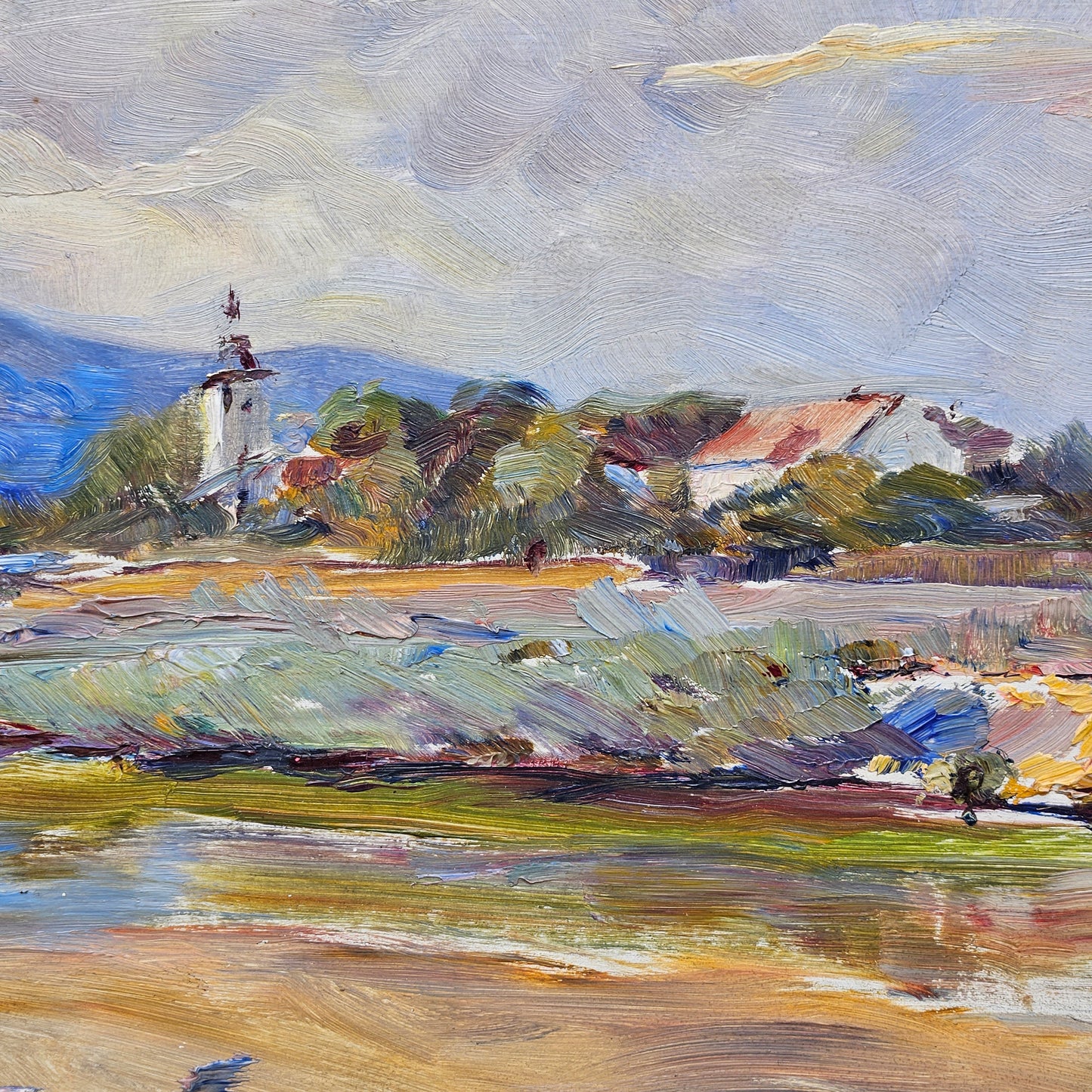 Oil on Board Landscape with Church Steeple Signed j Grosse 1920