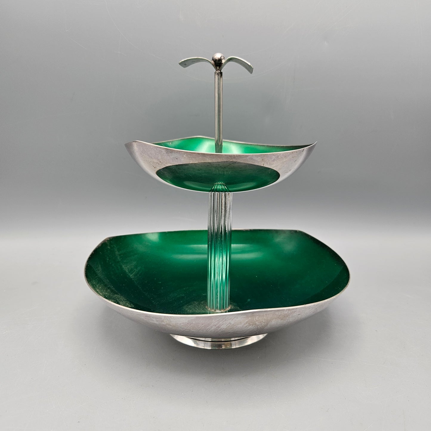 MCM Green Enamel and Silverplate Two-Tiered Server
