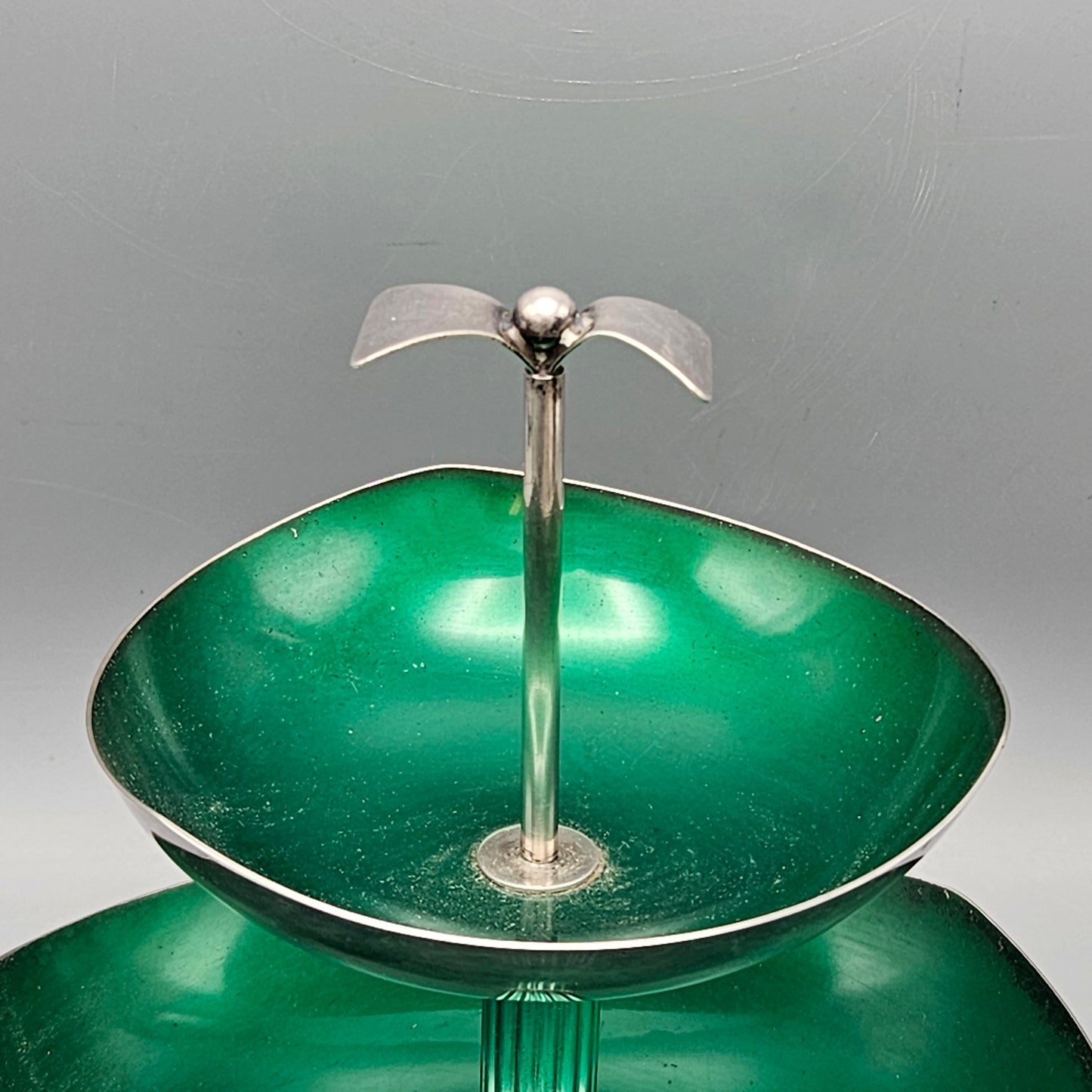 MCM Green Enamel and Silverplate Two-Tiered Server