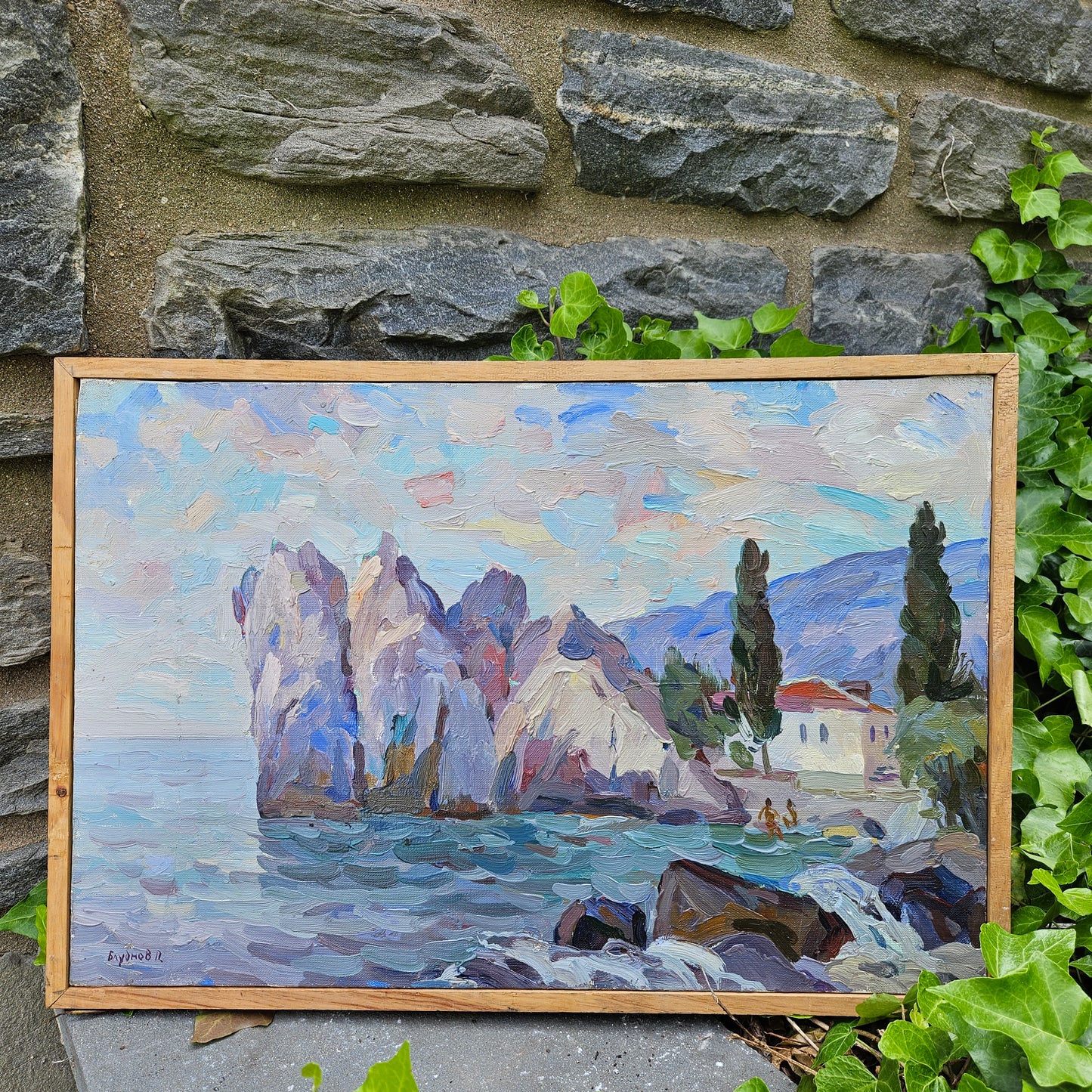Pavel Borisovitch Bludnov Russian Impressionist Oil on Canvas Rocks by the Sea - Chekhov Bay