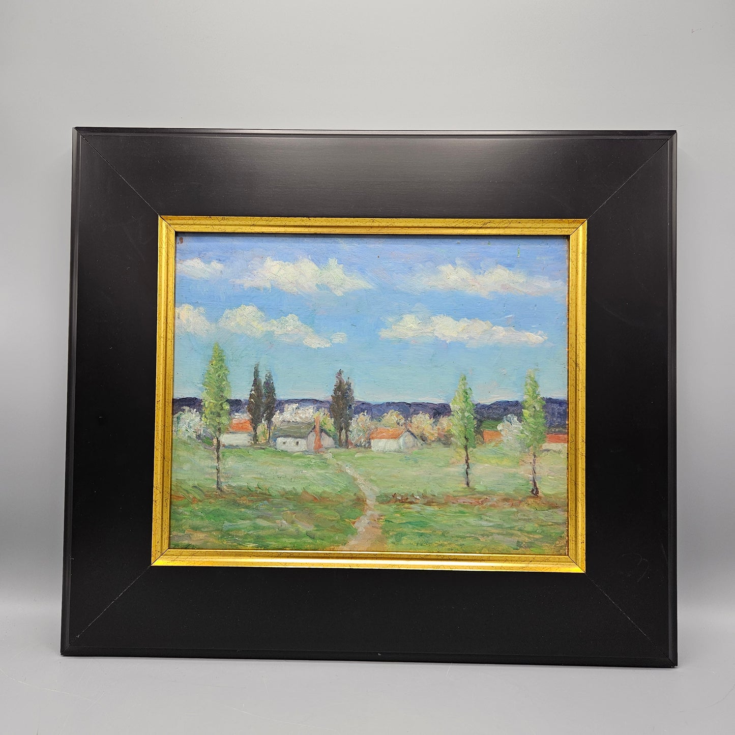 Vintage Unsigned Landscape Painting with Cottages Oil on Board