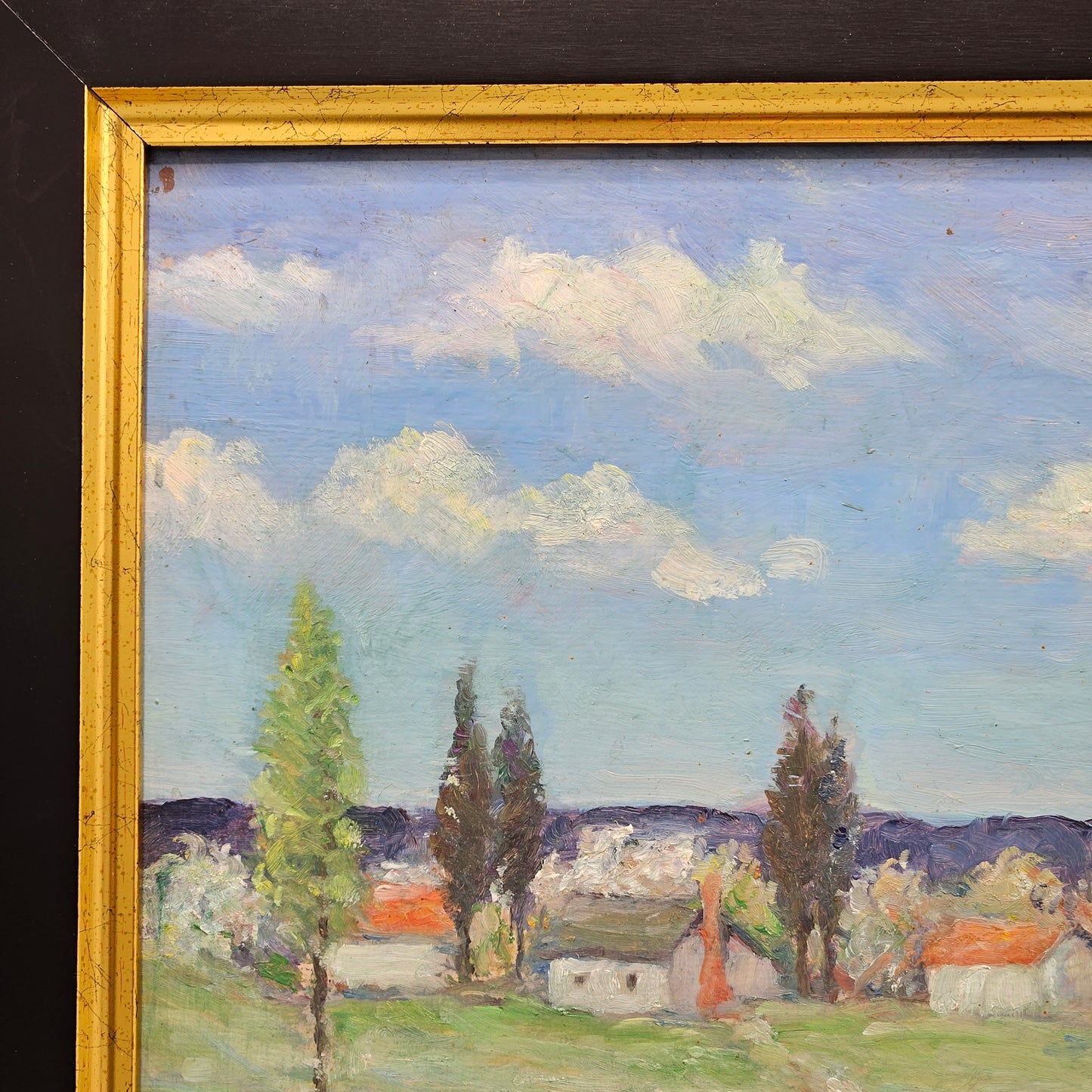 Vintage Unsigned Landscape Painting with Cottages Oil on Board