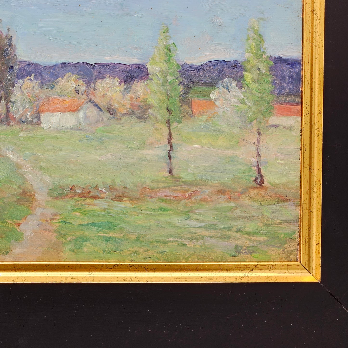 Vintage Unsigned Landscape Painting with Cottages Oil on Board