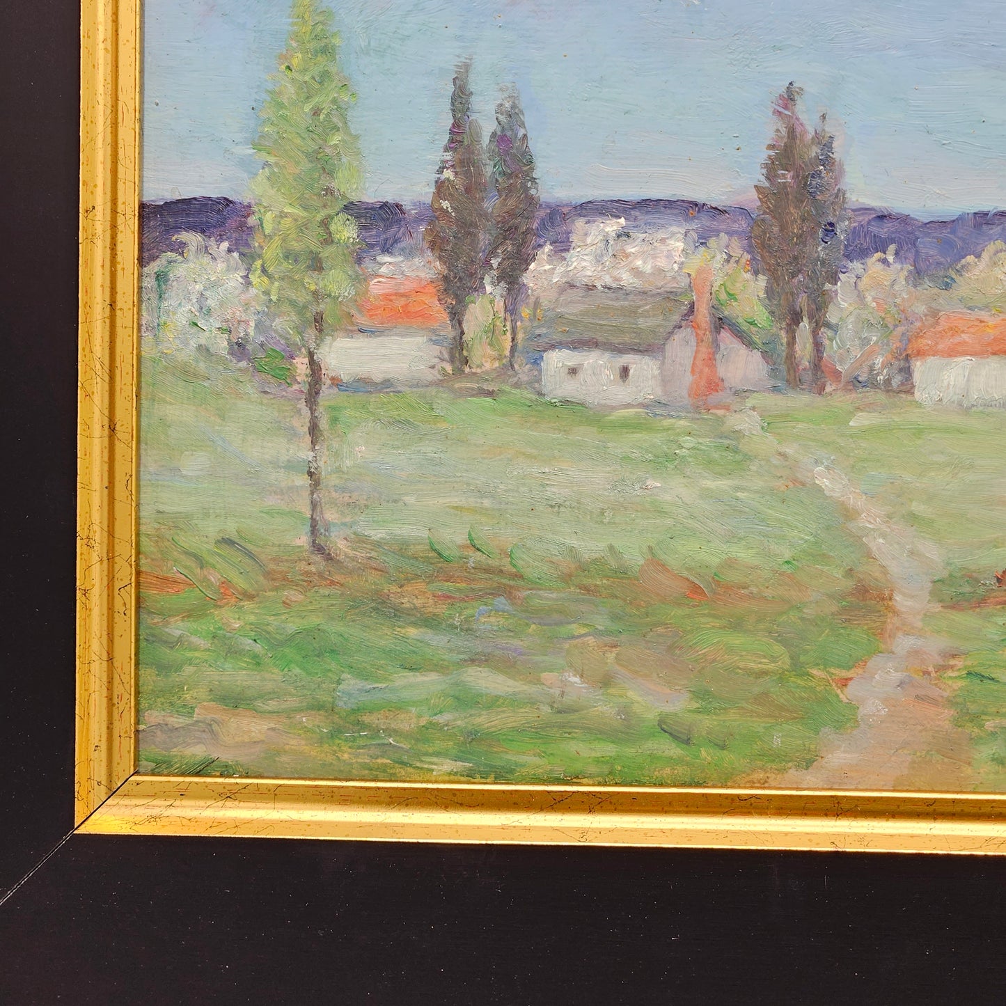 Vintage Unsigned Landscape Painting with Cottages Oil on Board