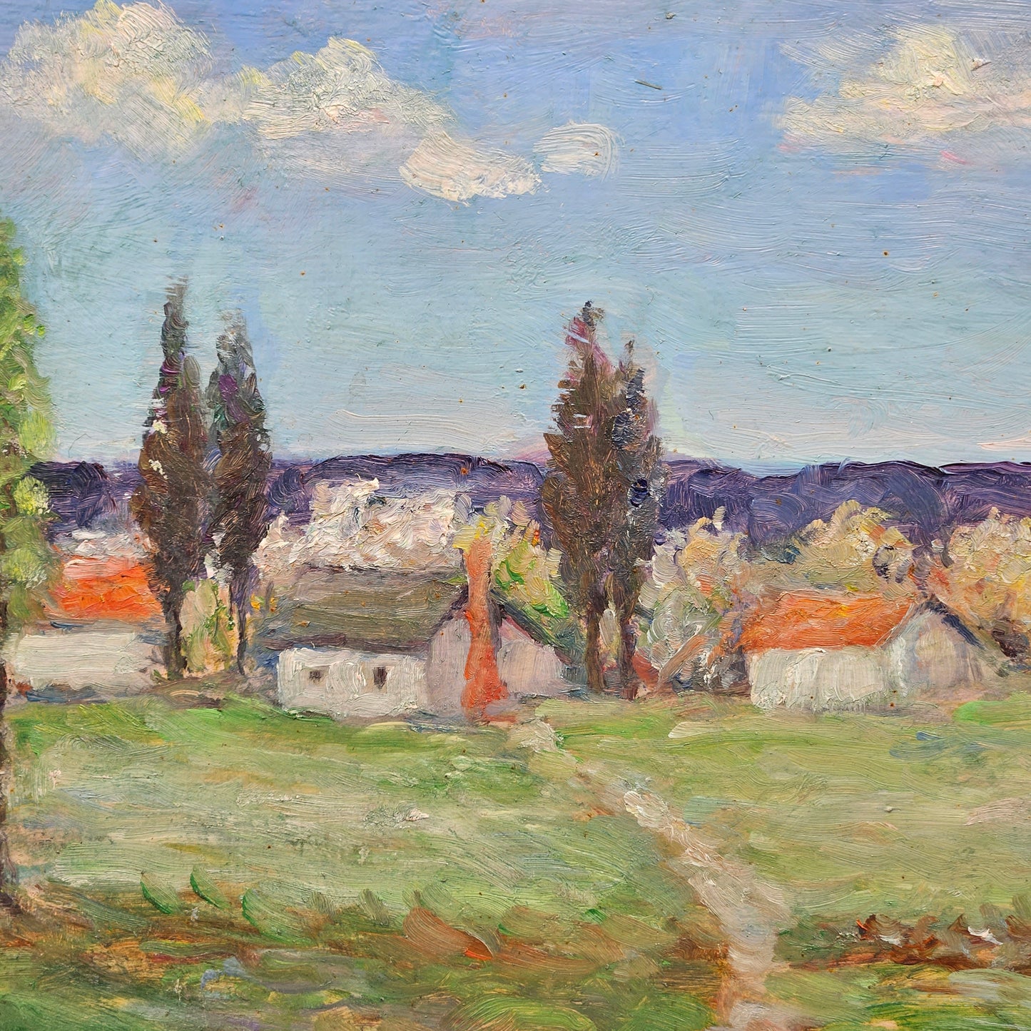 Vintage Unsigned Landscape Painting with Cottages Oil on Board