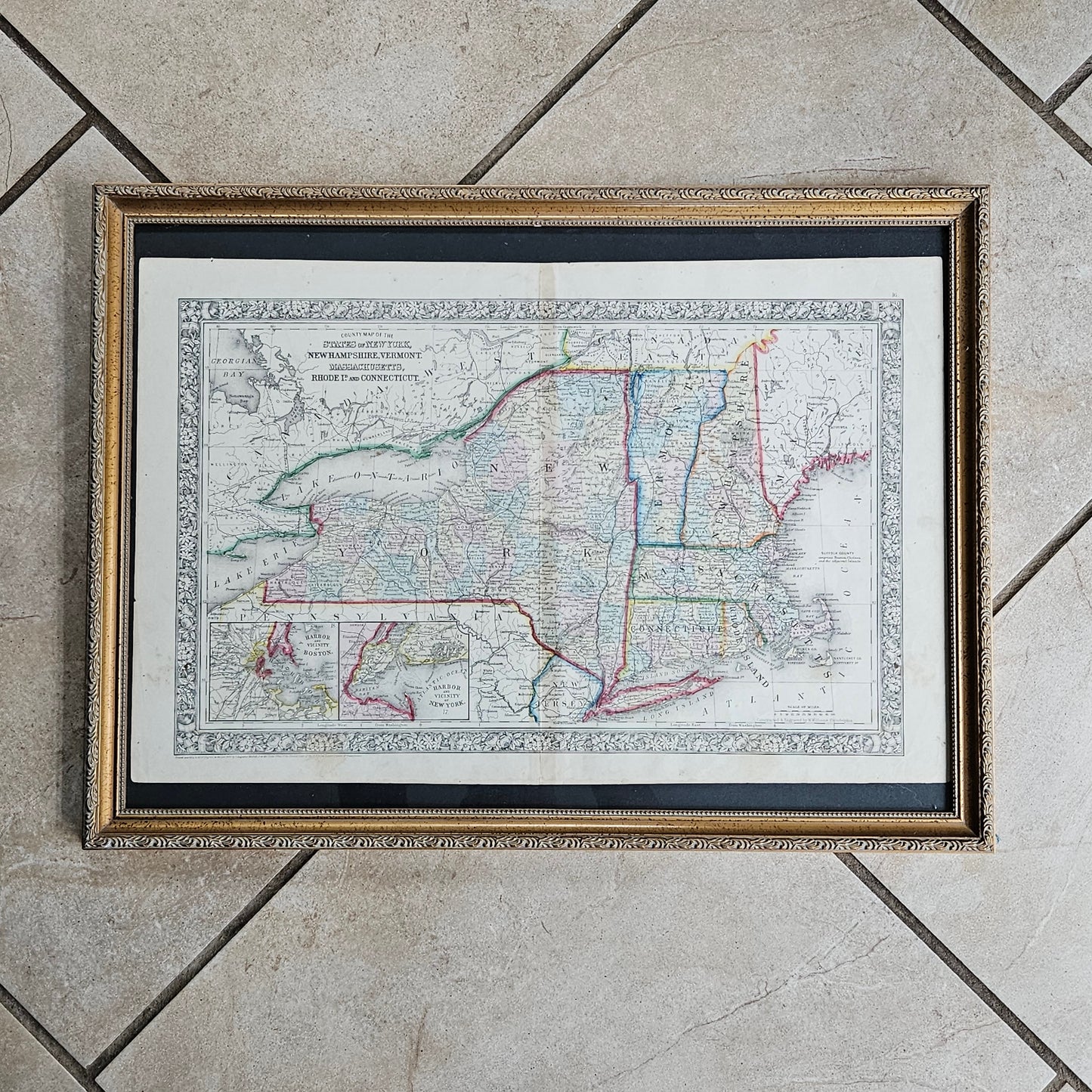 Antique 1860 County Map of States of New York, New Hampshire, Vermont, Massachusetts, Rhode Island and Connecticut