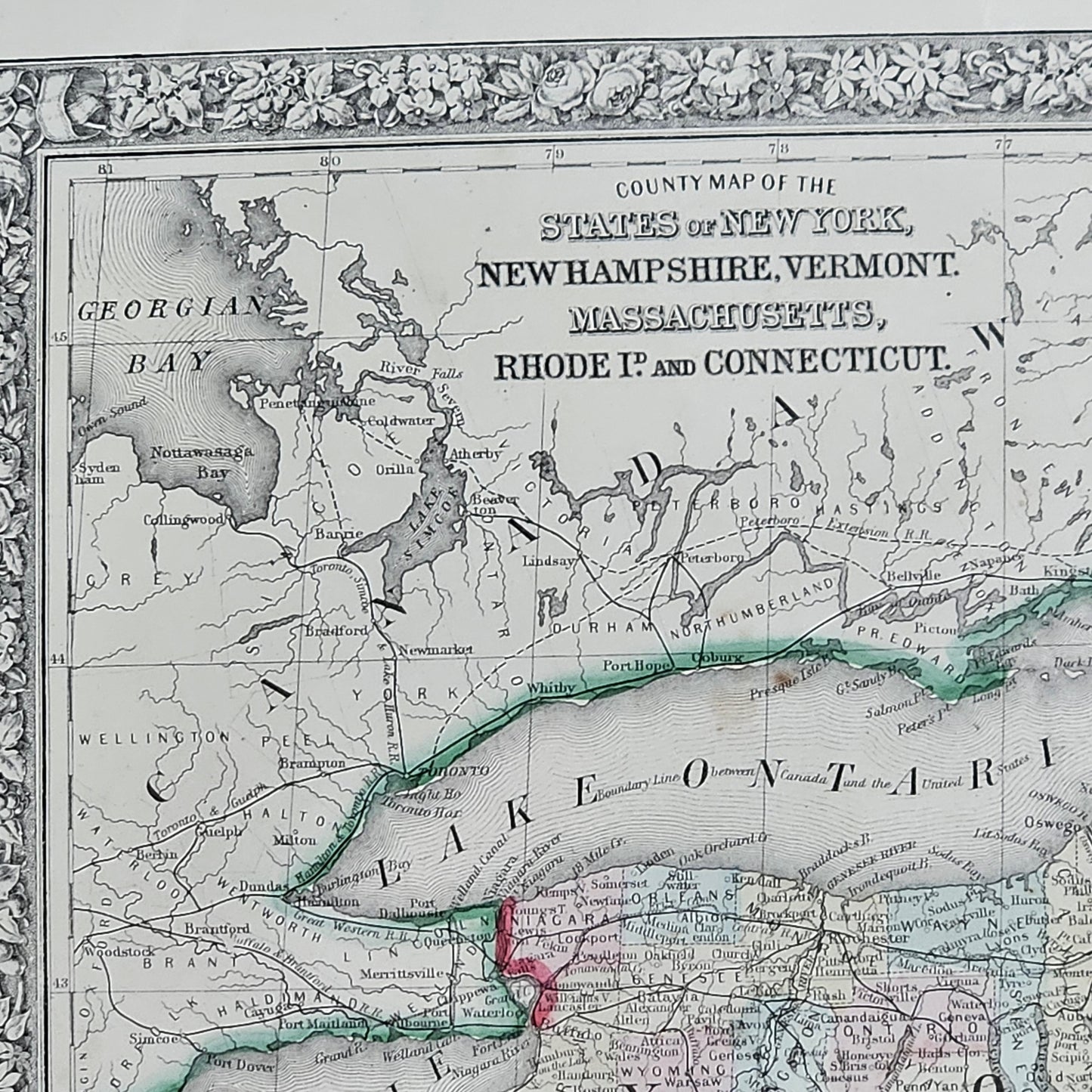 Antique 1860 County Map of States of New York, New Hampshire, Vermont, Massachusetts, Rhode Island and Connecticut