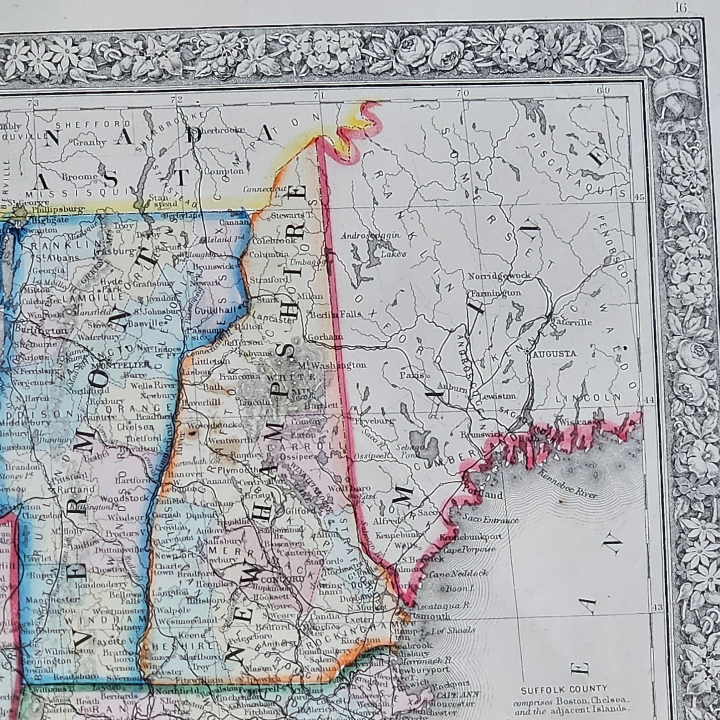 Antique 1860 County Map of States of New York, New Hampshire, Vermont, Massachusetts, Rhode Island and Connecticut
