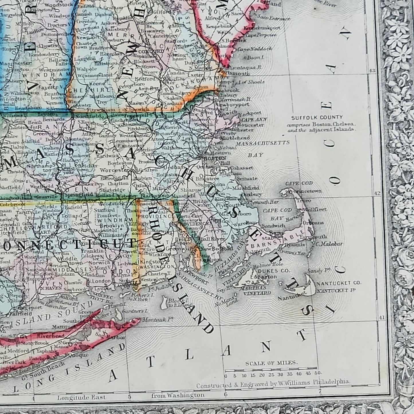 Antique 1860 County Map of States of New York, New Hampshire, Vermont, Massachusetts, Rhode Island and Connecticut