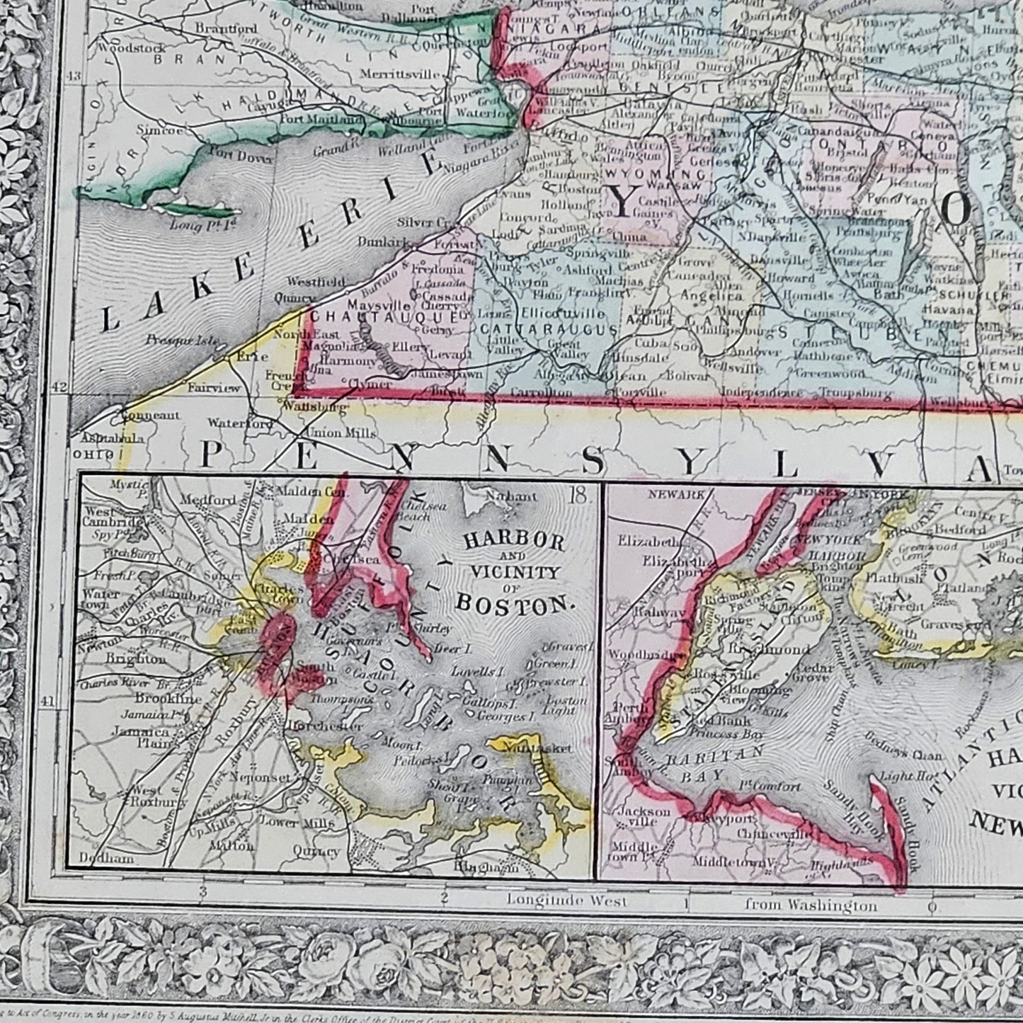 Antique 1860 County Map of States of New York, New Hampshire, Vermont, Massachusetts, Rhode Island and Connecticut