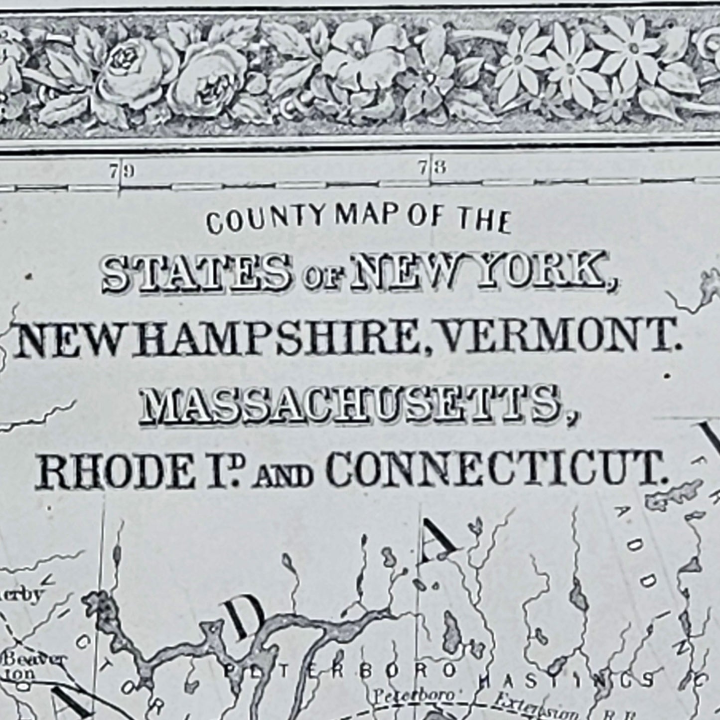 Antique 1860 County Map of States of New York, New Hampshire, Vermont, Massachusetts, Rhode Island and Connecticut