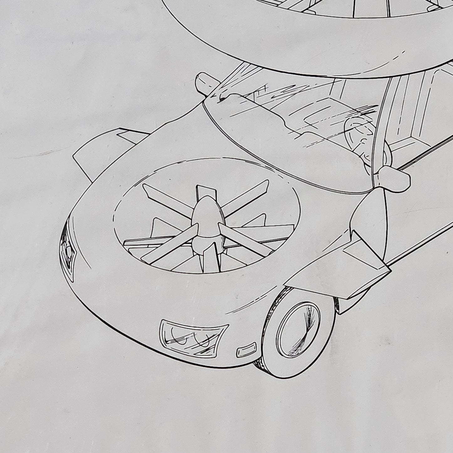 Original Vintage Flying Car Drawing