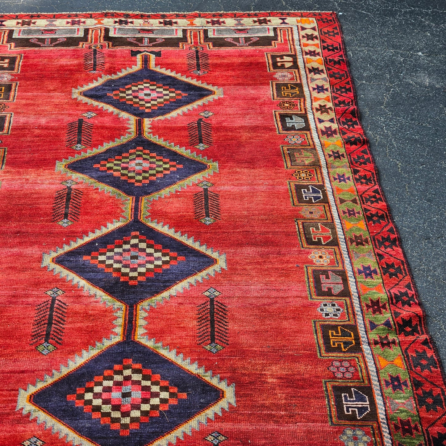 Stunning Vintage Geometric Hand Knotted 100% Wool Rug / Carpet / Runner - 5' 7" x 14'