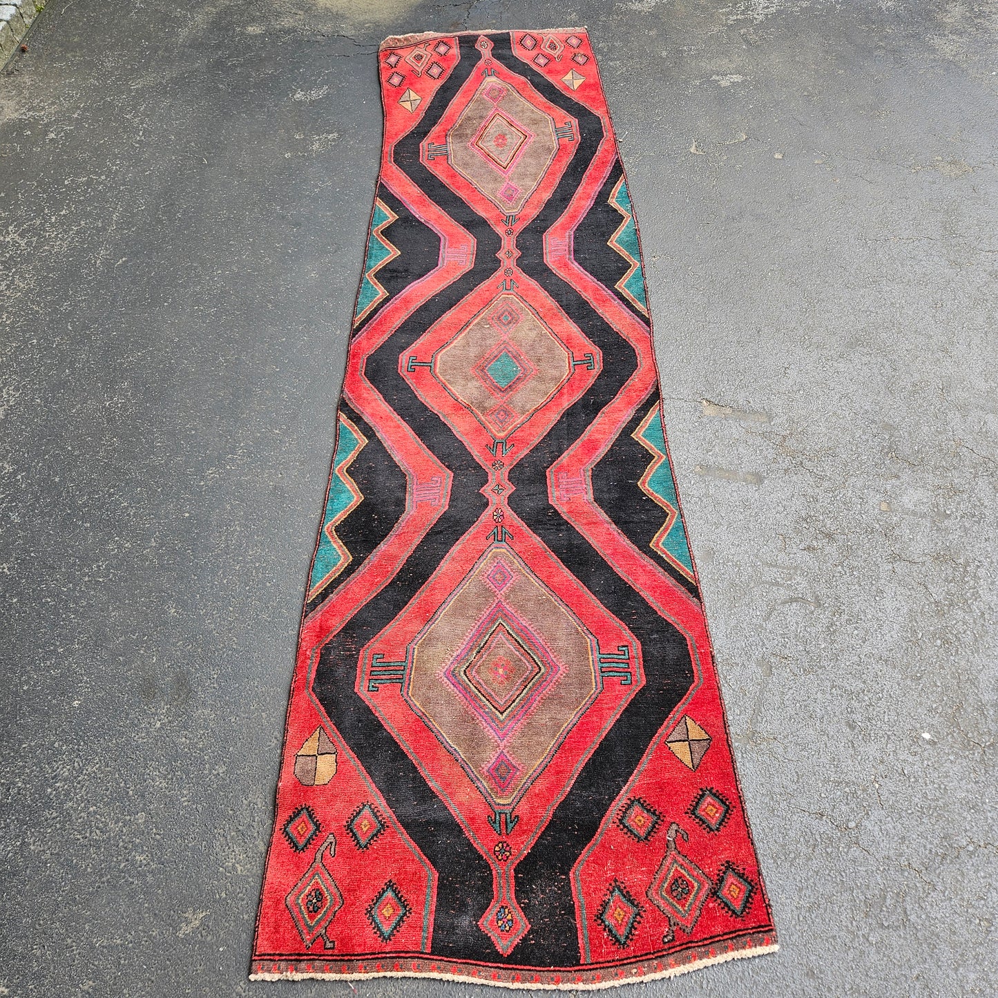 Vintage Worn Hand Knotted 100% Wool Rug / Carpet / Runner 3' x 11' 9"