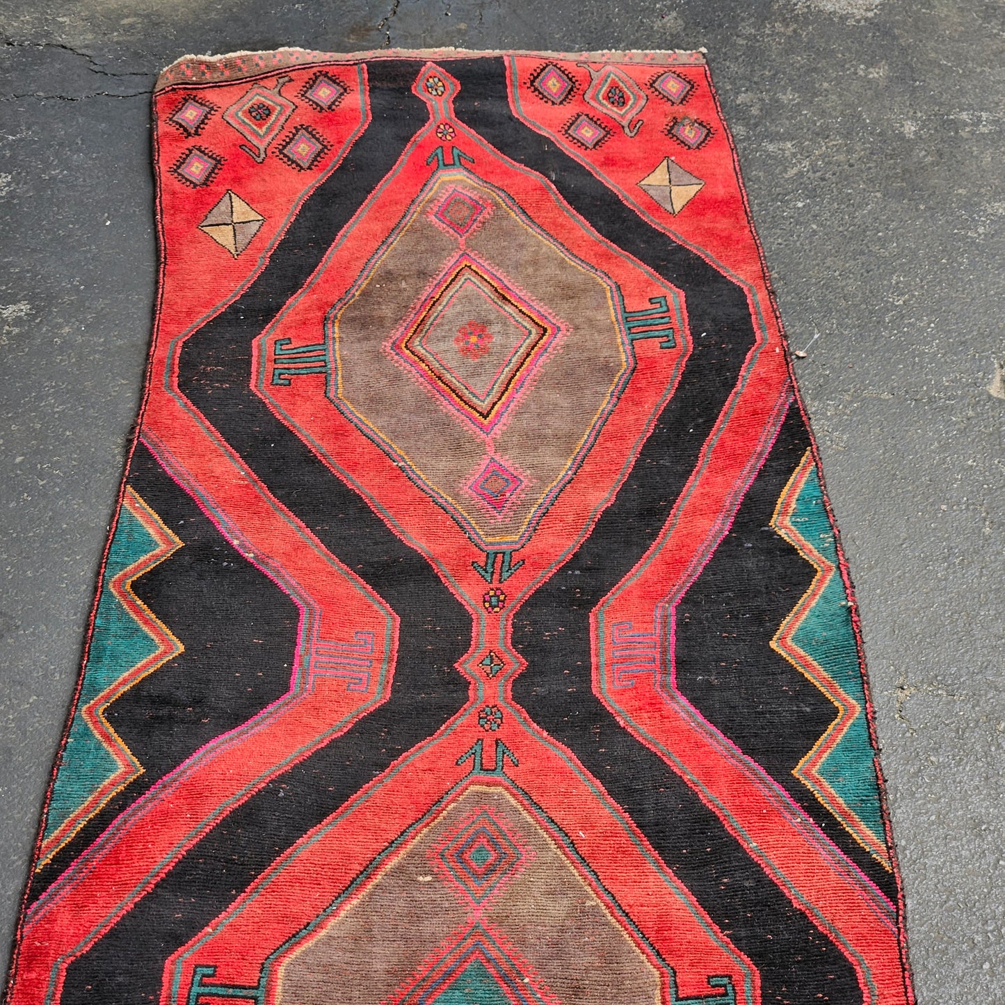 Vintage Worn Hand Knotted 100% Wool Rug / Carpet / Runner 3' x 11' 9"