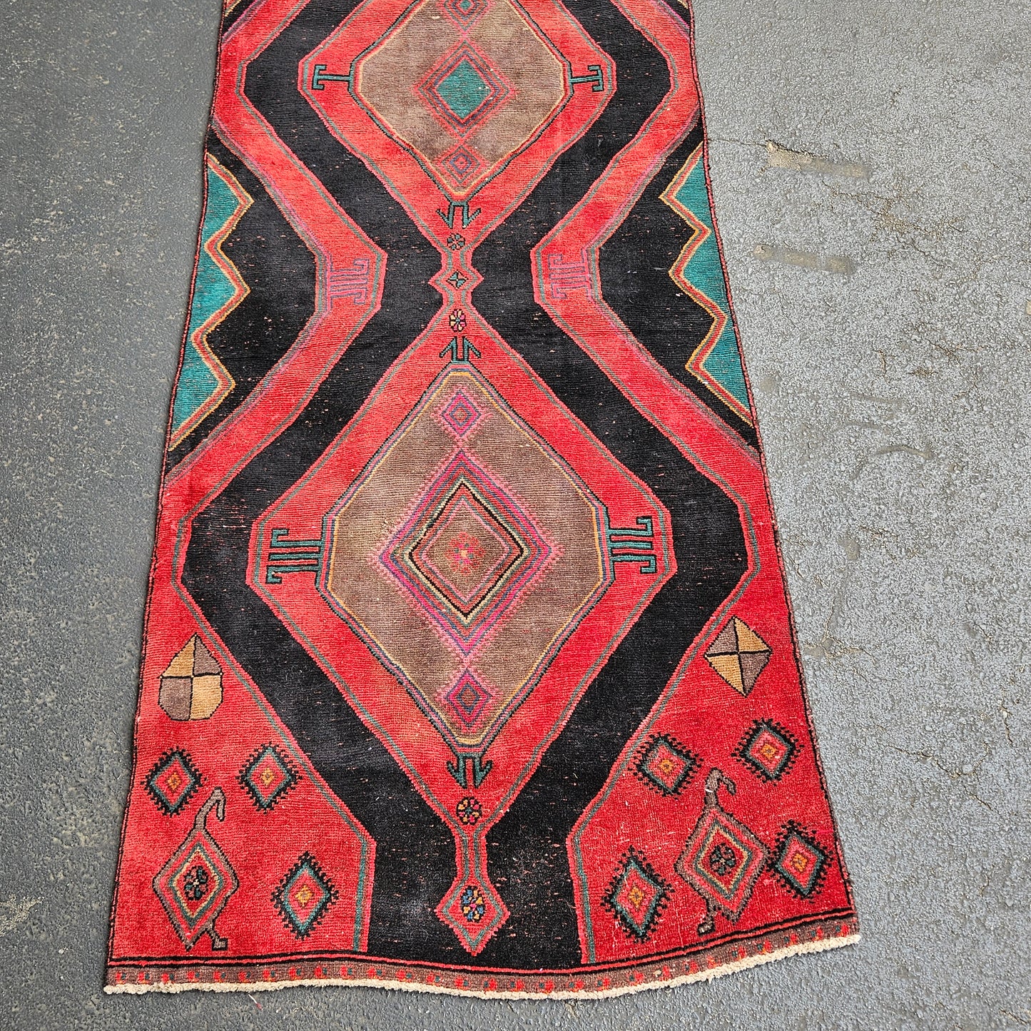 Vintage Worn Hand Knotted 100% Wool Rug / Carpet / Runner 3' x 11' 9"