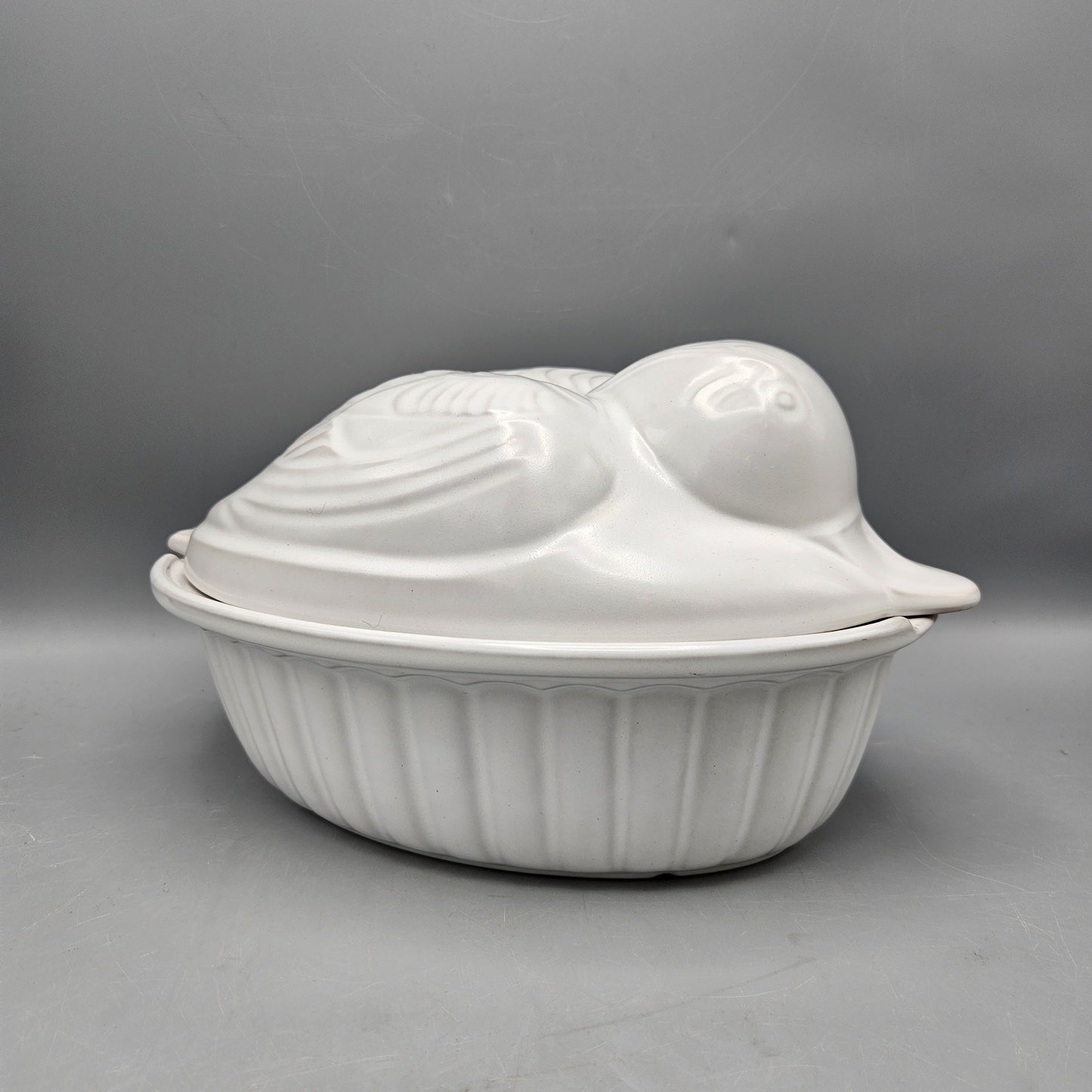 White German Ceramic Casserole with Duck-Form Lid