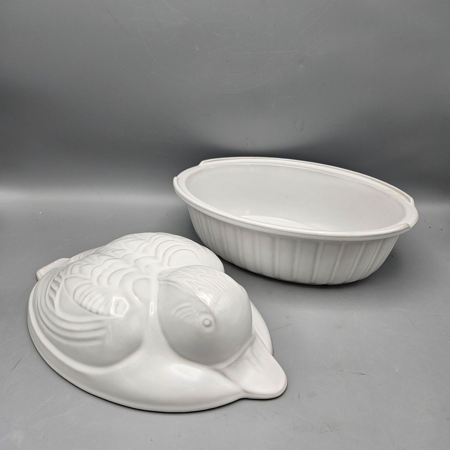 White German Ceramic Casserole with Duck-Form Lid