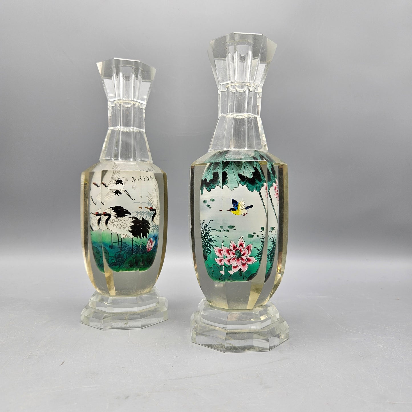 Pair Chinese Reverse-Painted Glass Vases