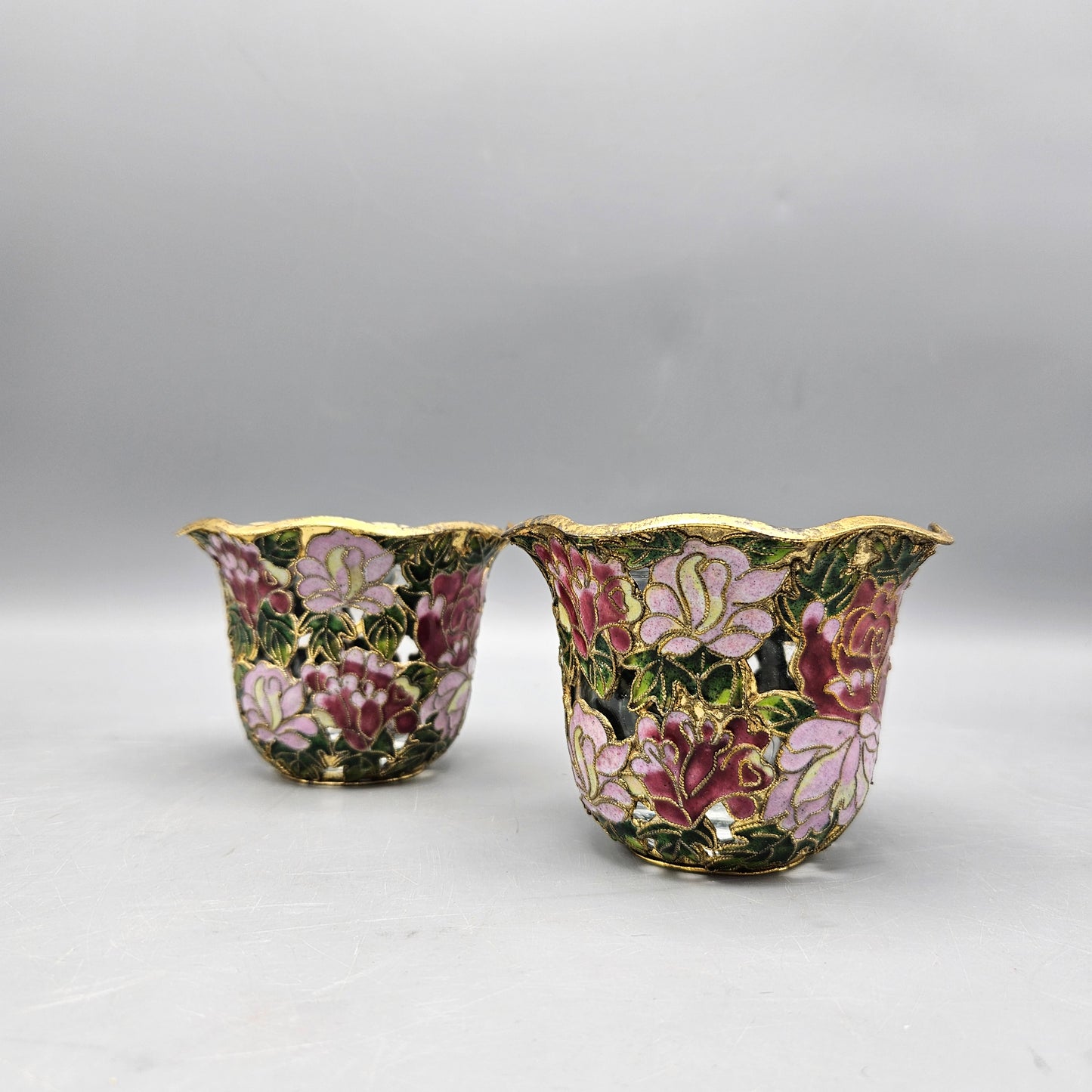 Pair Cloisonné Enamel Votive Candle Holders