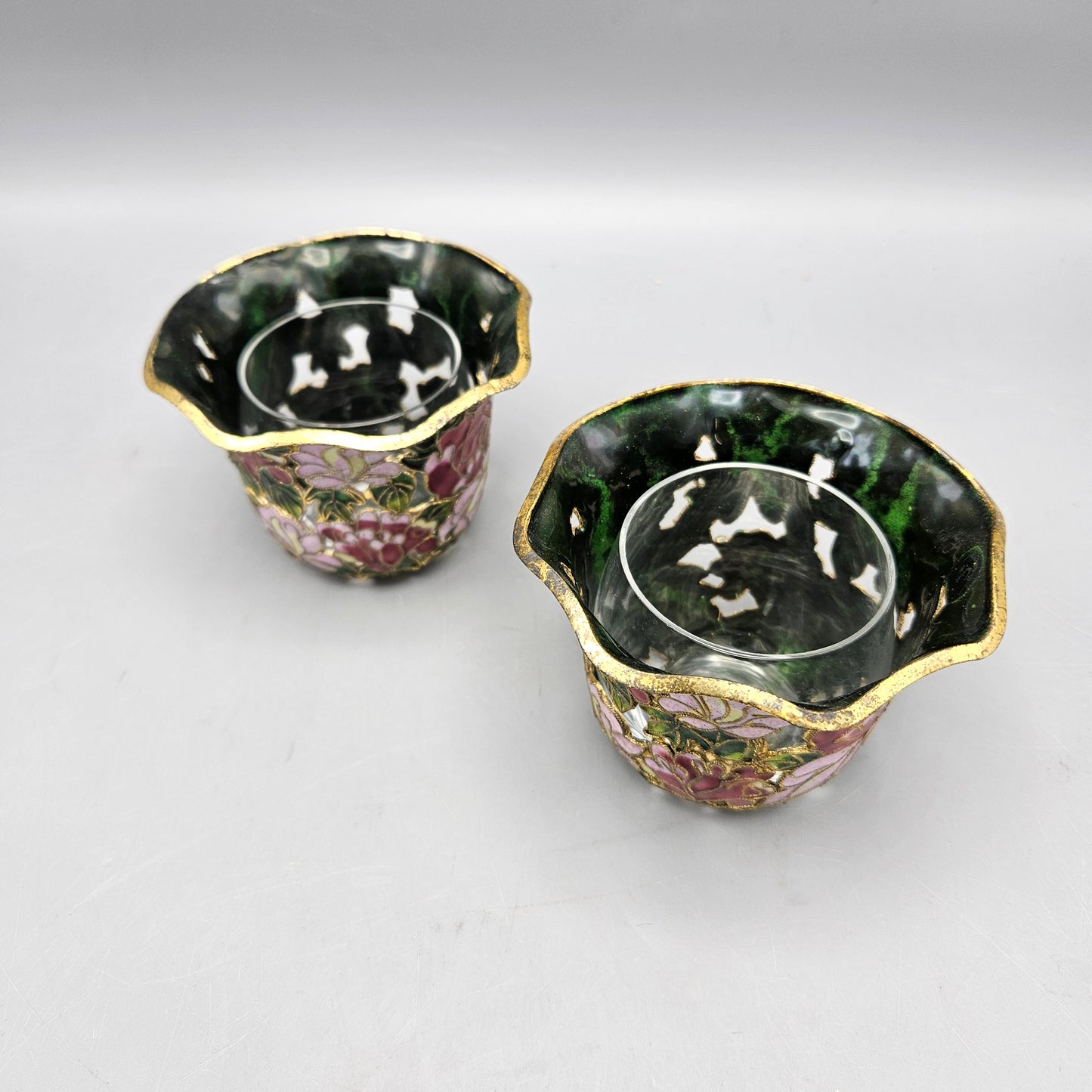 Pair Cloisonné Enamel Votive Candle Holders