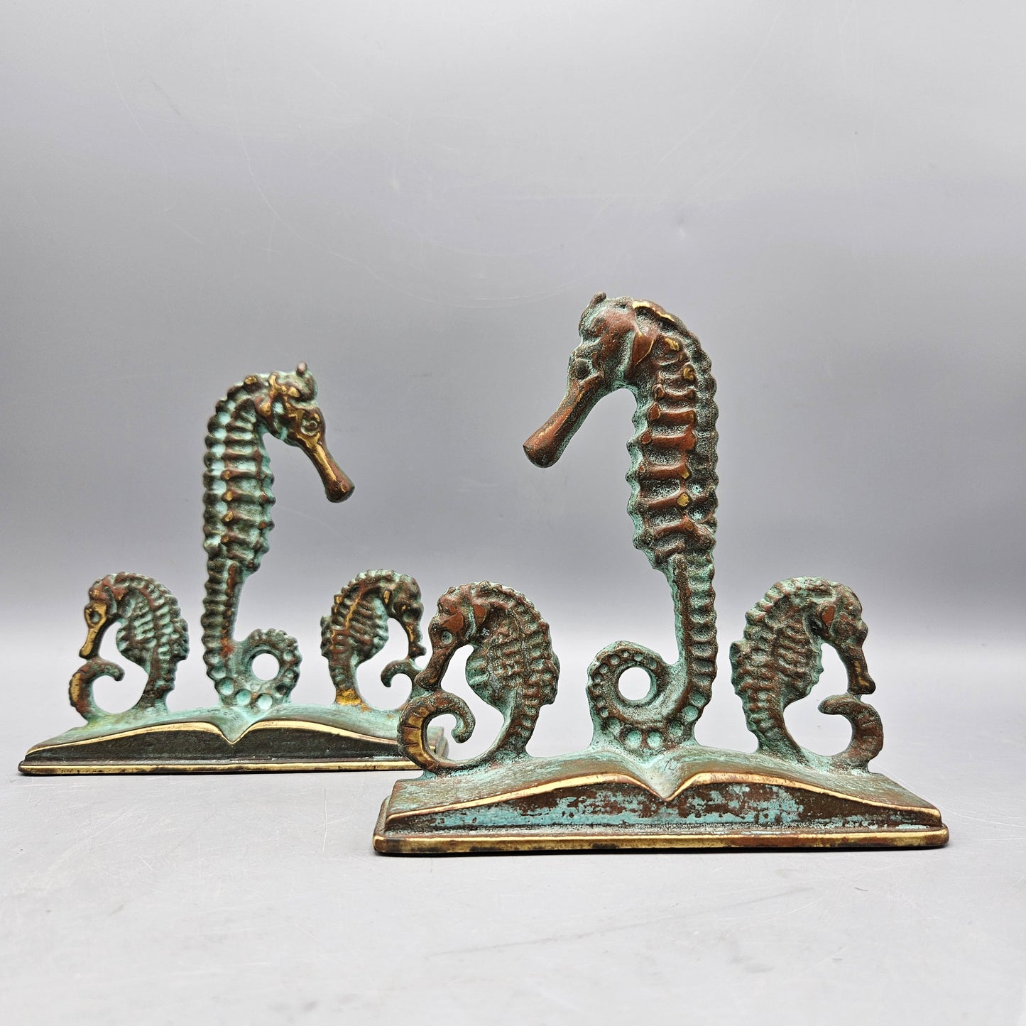 Pair Virginia Metalcrafters Patinated Brass Seahorse Bookends