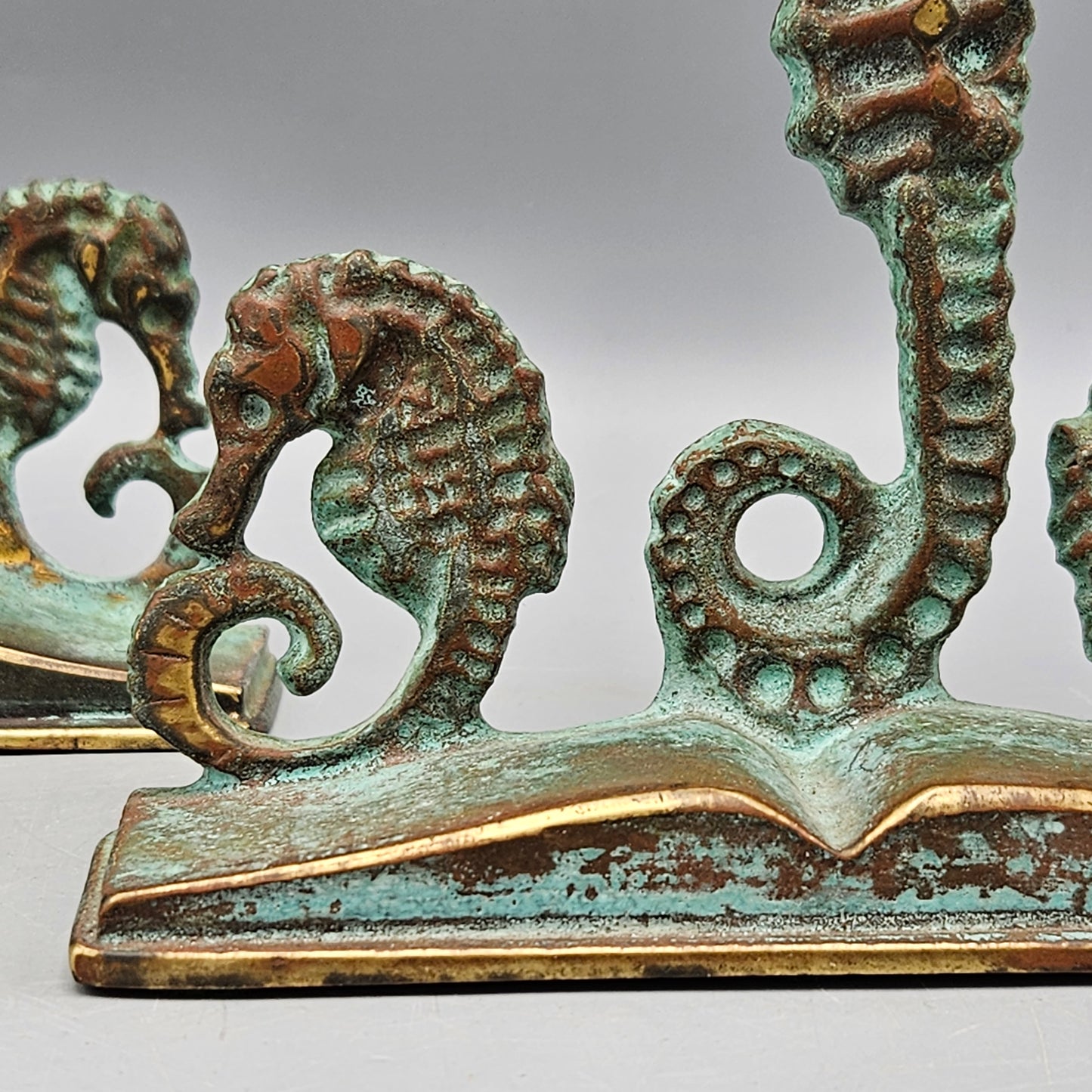 Pair Virginia Metalcrafters Patinated Brass Seahorse Bookends