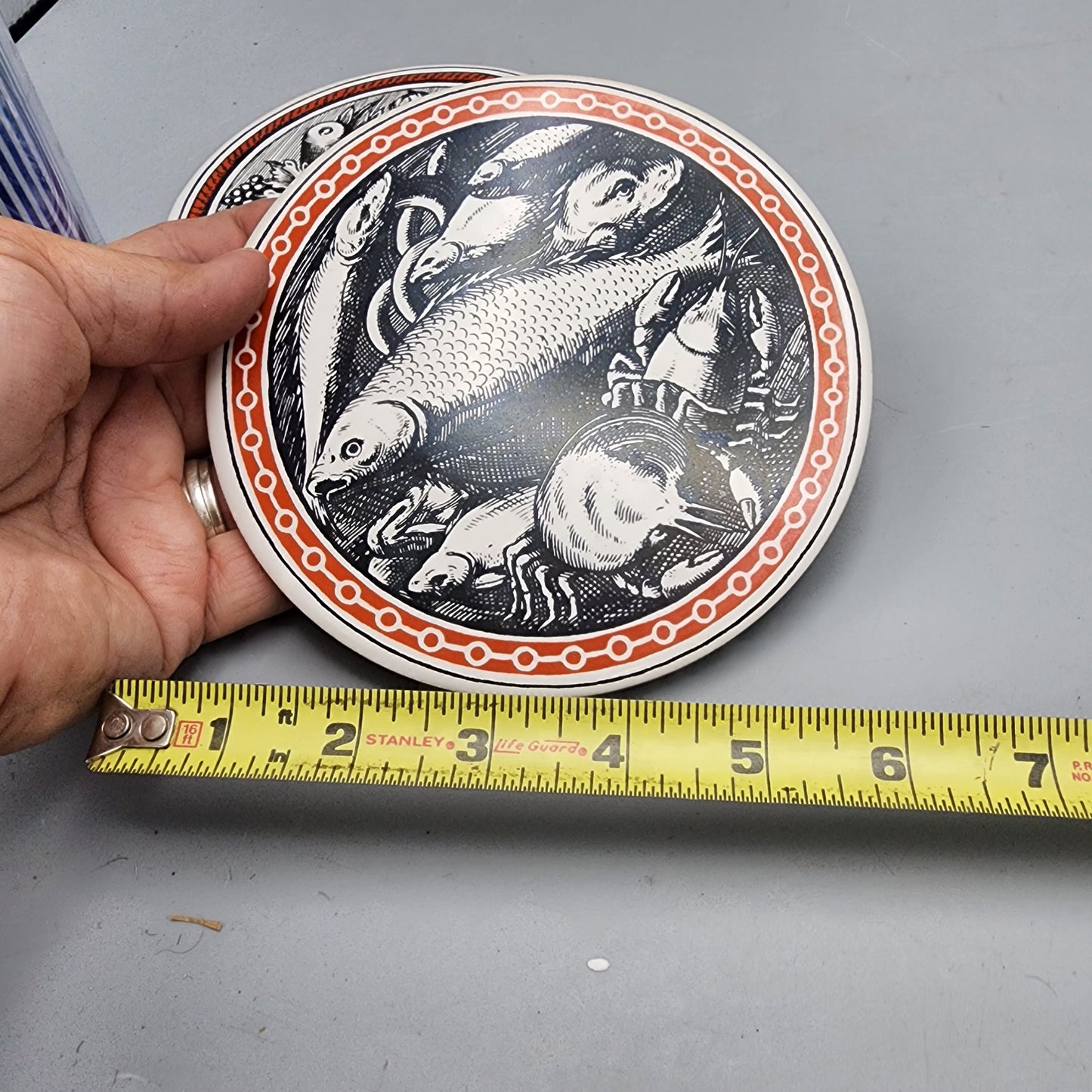 Two Metropolitan Museum of Art Reproduction Fruit and Fish Tile Trivets