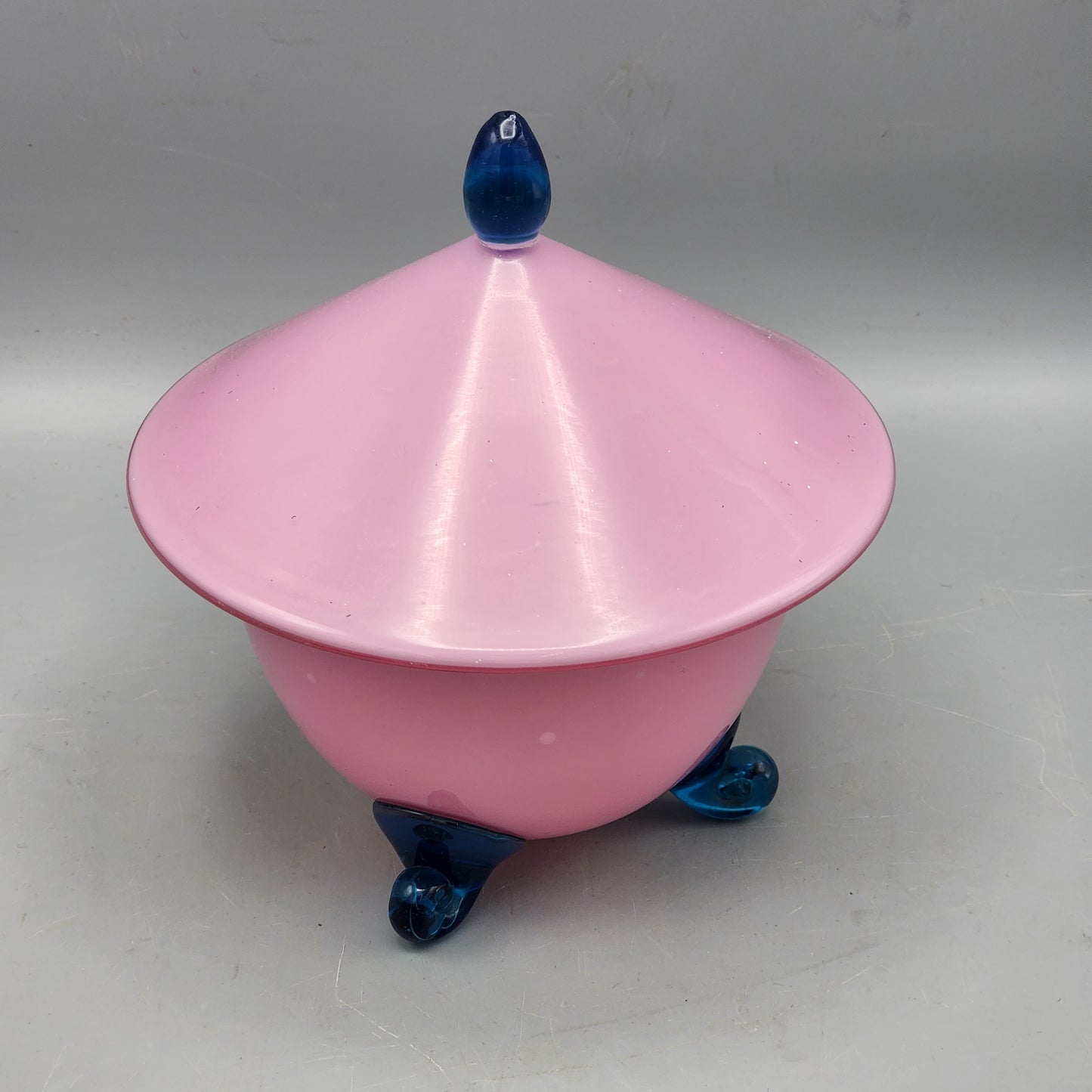 Bohemian Art Deco Pink and Blue Footed Lidded Candy Dish