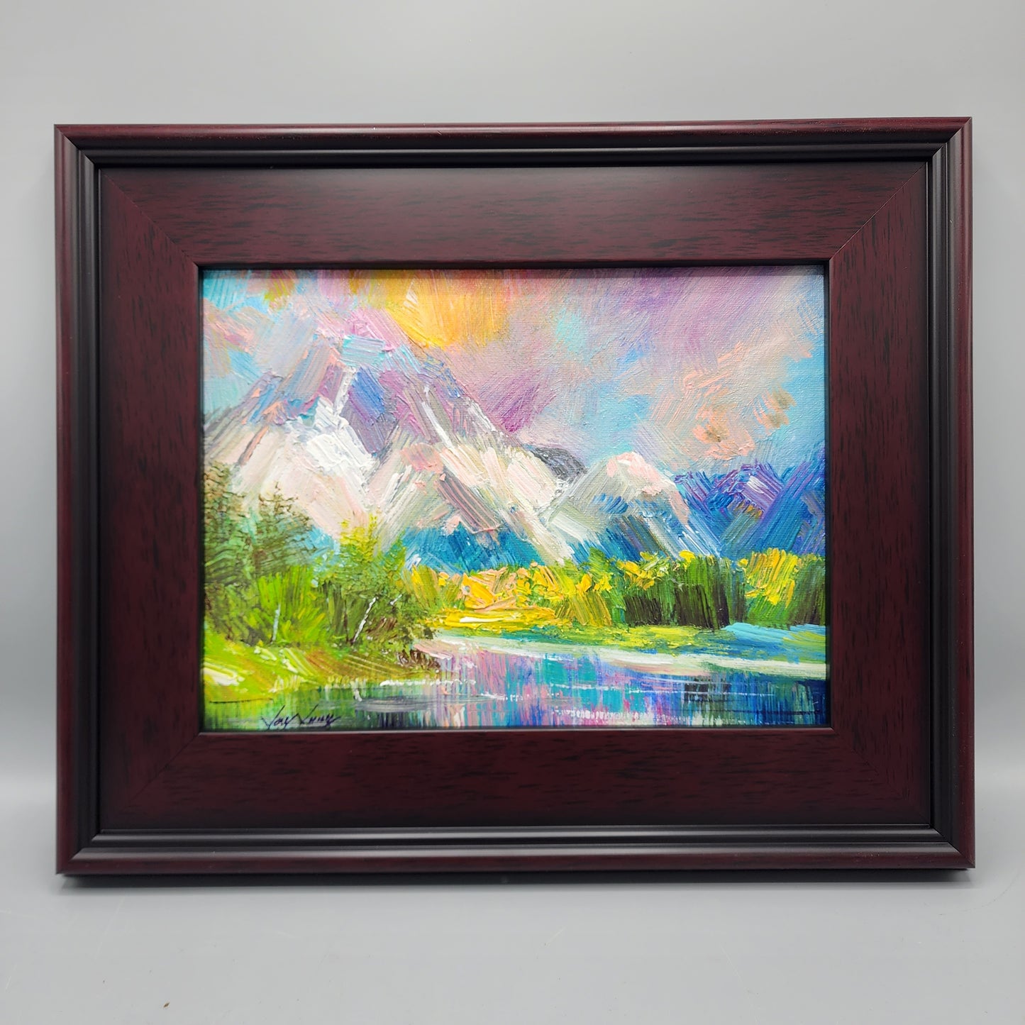 Signed Expressionist Landscape Oil on Canvas Painting of Mountains & River